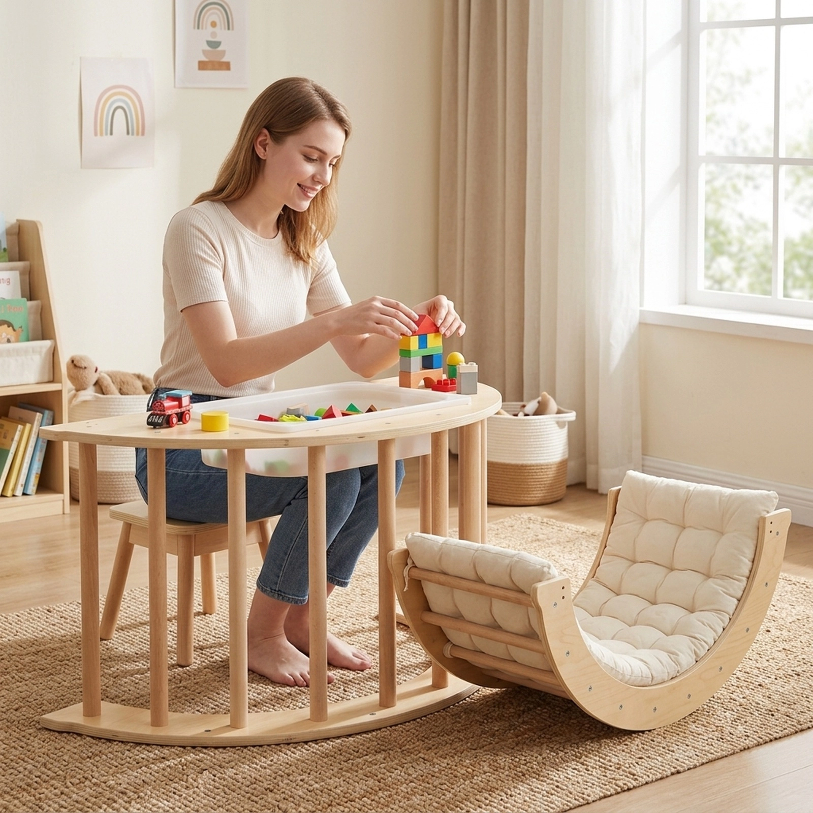 6-in-1 Natural Wood Kids Climbing Arch Detachable Support Legs Rocker Stoppers Padded Mat Toy Bin 110-lb Ages 1-8