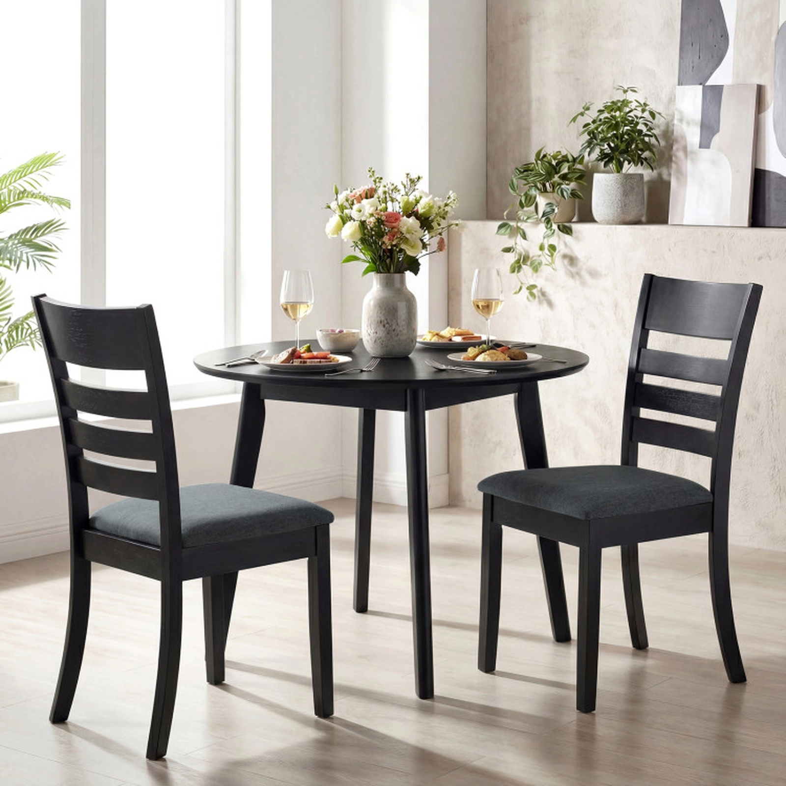 SUGIFT Set of 4 High Back Wooden Dining Chairs Upholstered Kitchen Chairs 346-lb Capacity Black Frame Dark Gray Seat