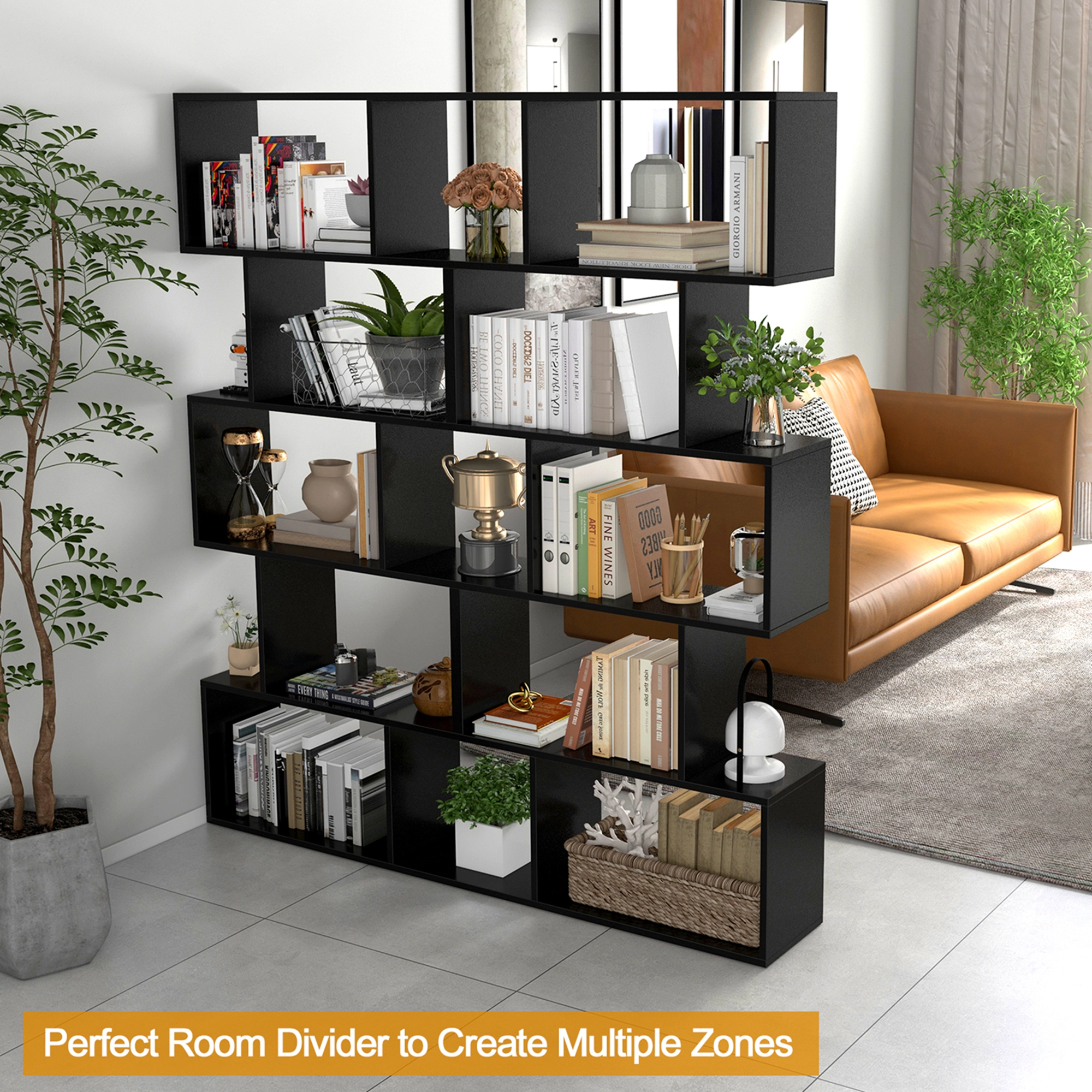 Costway 1/2 PCS 5-Tier Bookshelf Geometric S-Shaped Bookcase Room Divider Storage Display