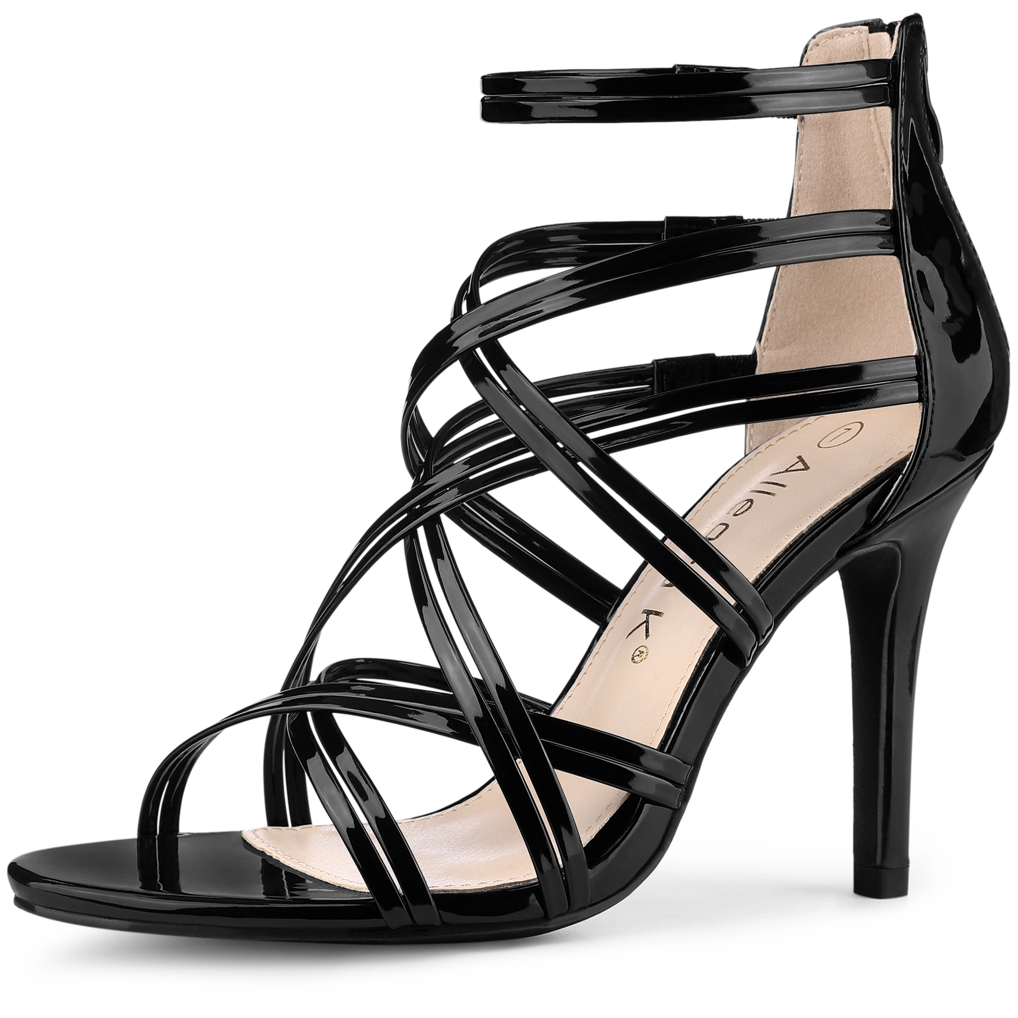 BLISSFUL STEP Women's PU Rubber Open Toe Strappy Stiletto Heel Lace Up Sandals