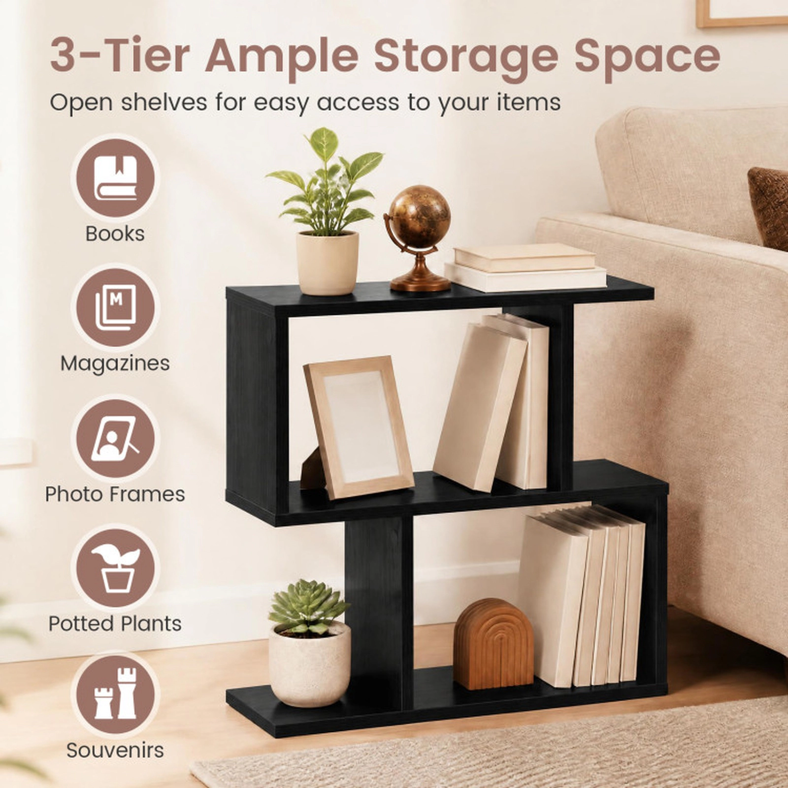 SUGIFT 3-Tier Geometric Engineered Wood Bookshelf with Open Shelves 44-lb Top Board Capacity 24-in Wide Black