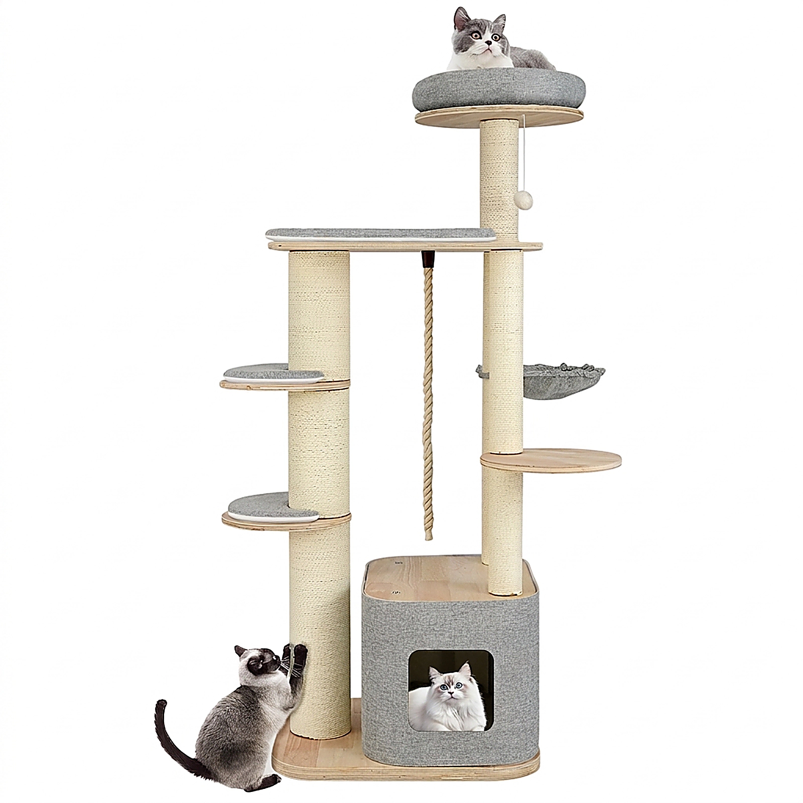 SUGIFT 63-in Tall Modern Wooden Cat Tree Tower with Condo Hammock Perches 33-lb Capacity Each Layer Natural+Gray
