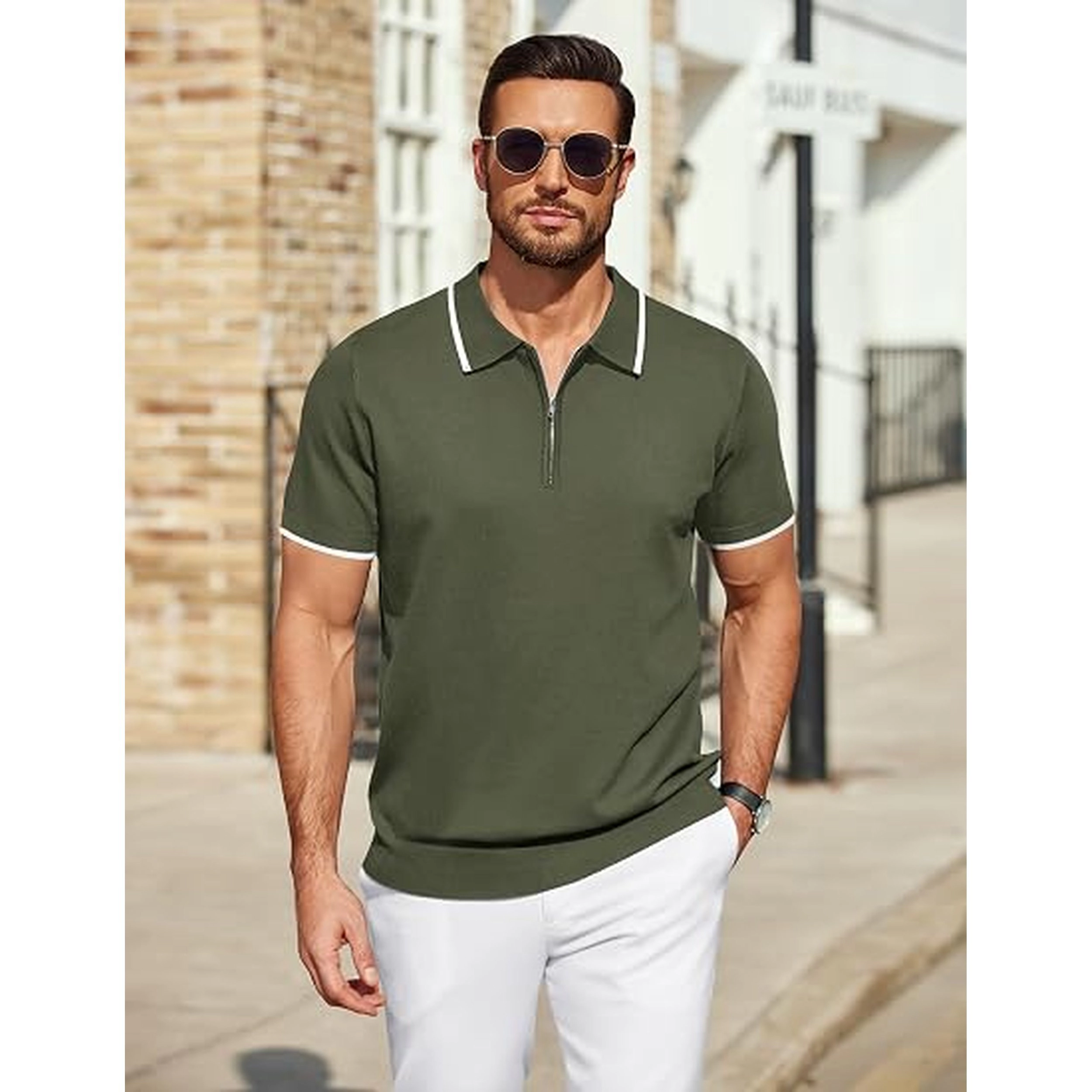 COOFANDY Men's Regular Fit Short Sleeve Zip Collar Polo Shirt