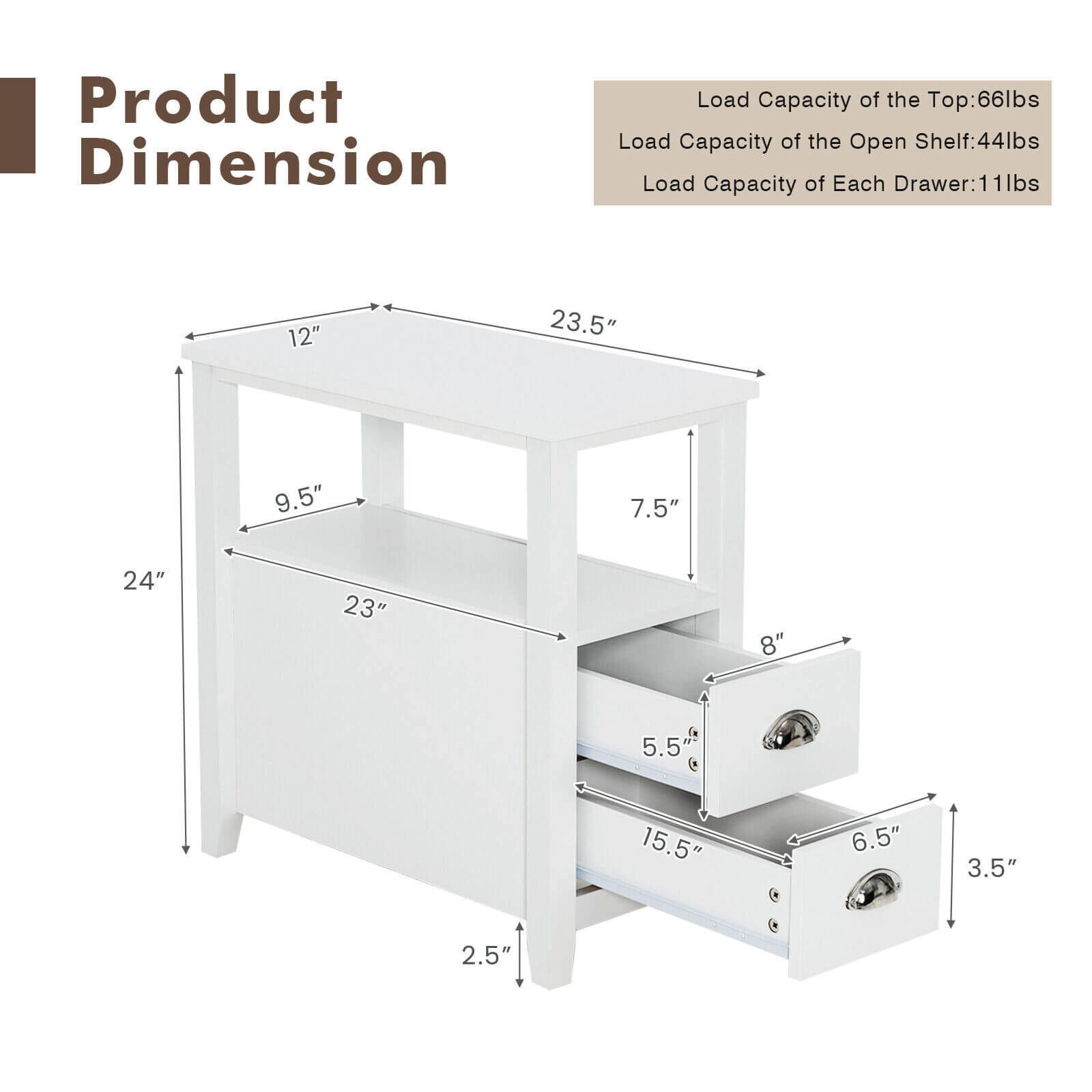 SUGIFT 2-Drawer Wooden End Table Nightstand with Shelf 33-lb Tabletop Capacity 23.5 x 12 x 24 in Frame White