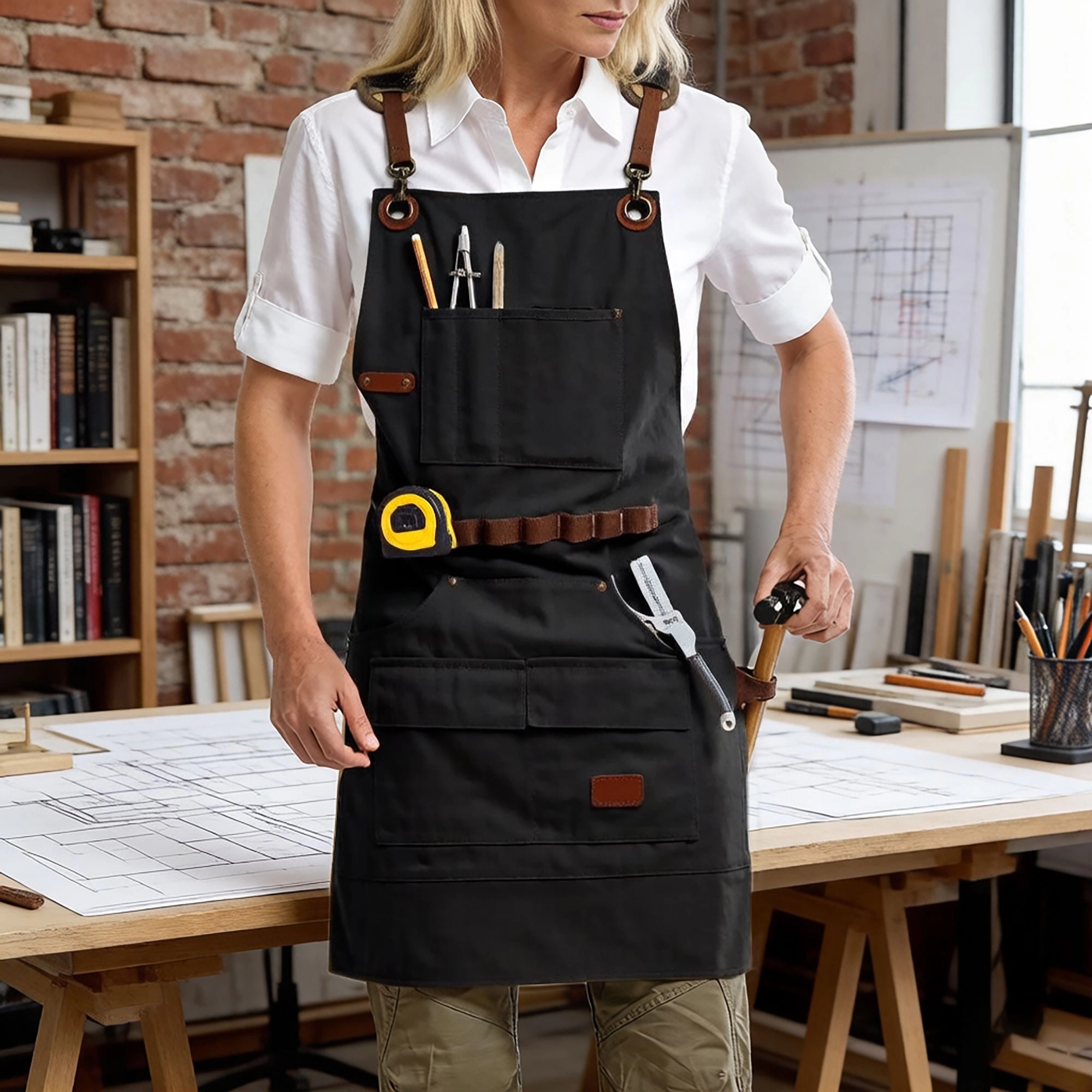Alilang Unisex Canvas Work Apron with Multi Pocket Storage Adjustable Cross Back Straps Utility