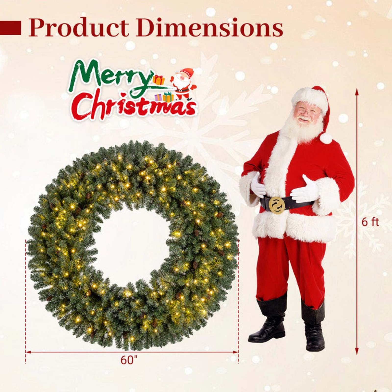 SUGIFT Green 60-in Pre-Lit Artificial Christmas Wreath with 200 Warm White LED Lights and 680 Branch Tips