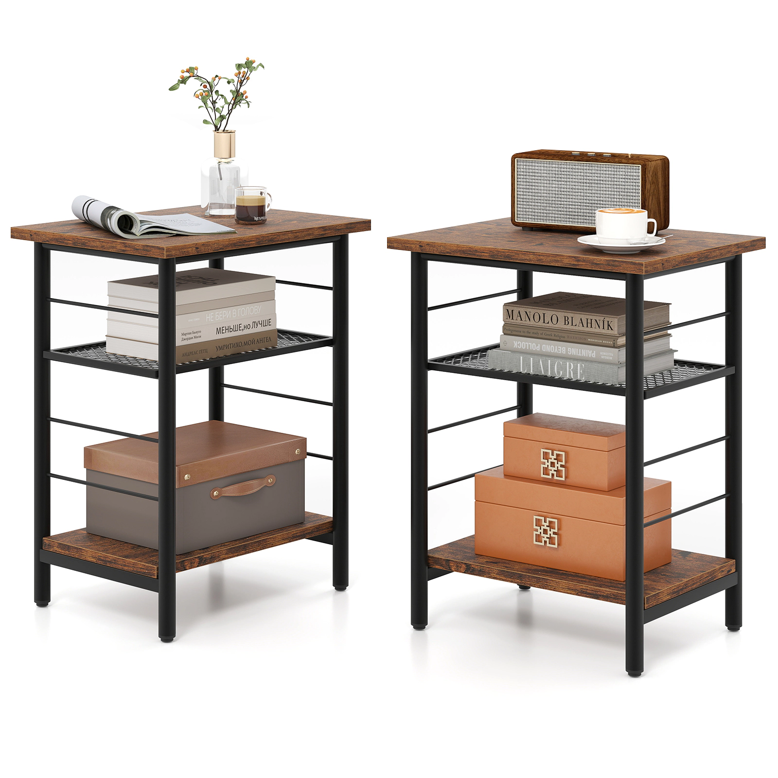 LJG 3-Tier End Table Set of 2 Side Table with Storage Shelves Metal Frame