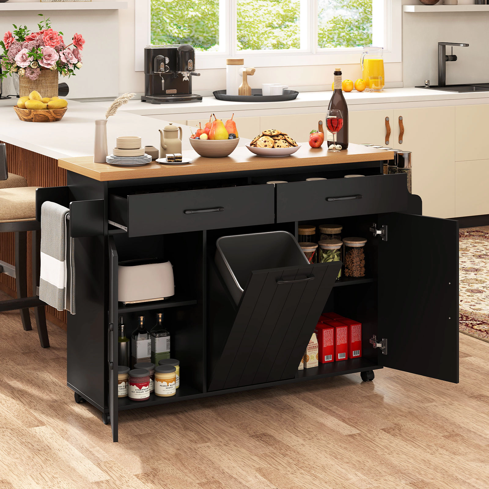 SUGIFT Rolling Kitchen Island Cart with Trash Can Storage Spice Rack Towel Bar and Drawers for Prep