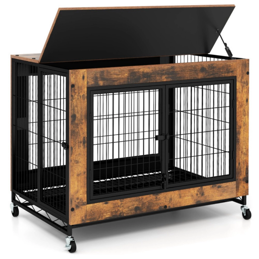 SUGIFT Industrial Dog Kennel Pet Crate Flip-Up Top 3 Lockable Doors Tray 132-lb Capacity 66-lb Top Rustic Brown