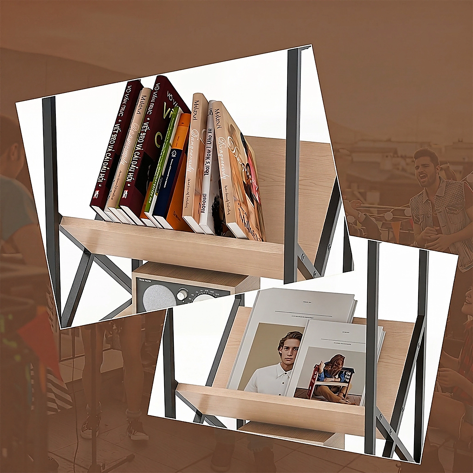 SUGIFT 3-Tier Industrial Side Table with V-shaped Bookshelf 110-Lb Top Capacity Rustic Brown Natural