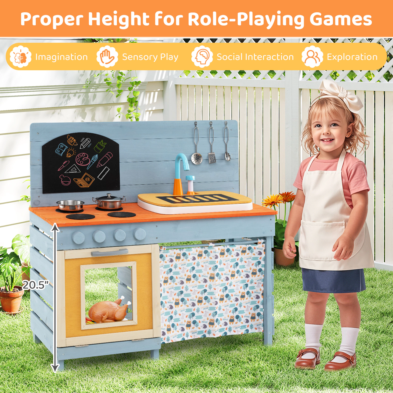 SUGIFT Blue Removable Circulation Faucet and Chalkboard Kids Wooden Toy Kitchen Playset