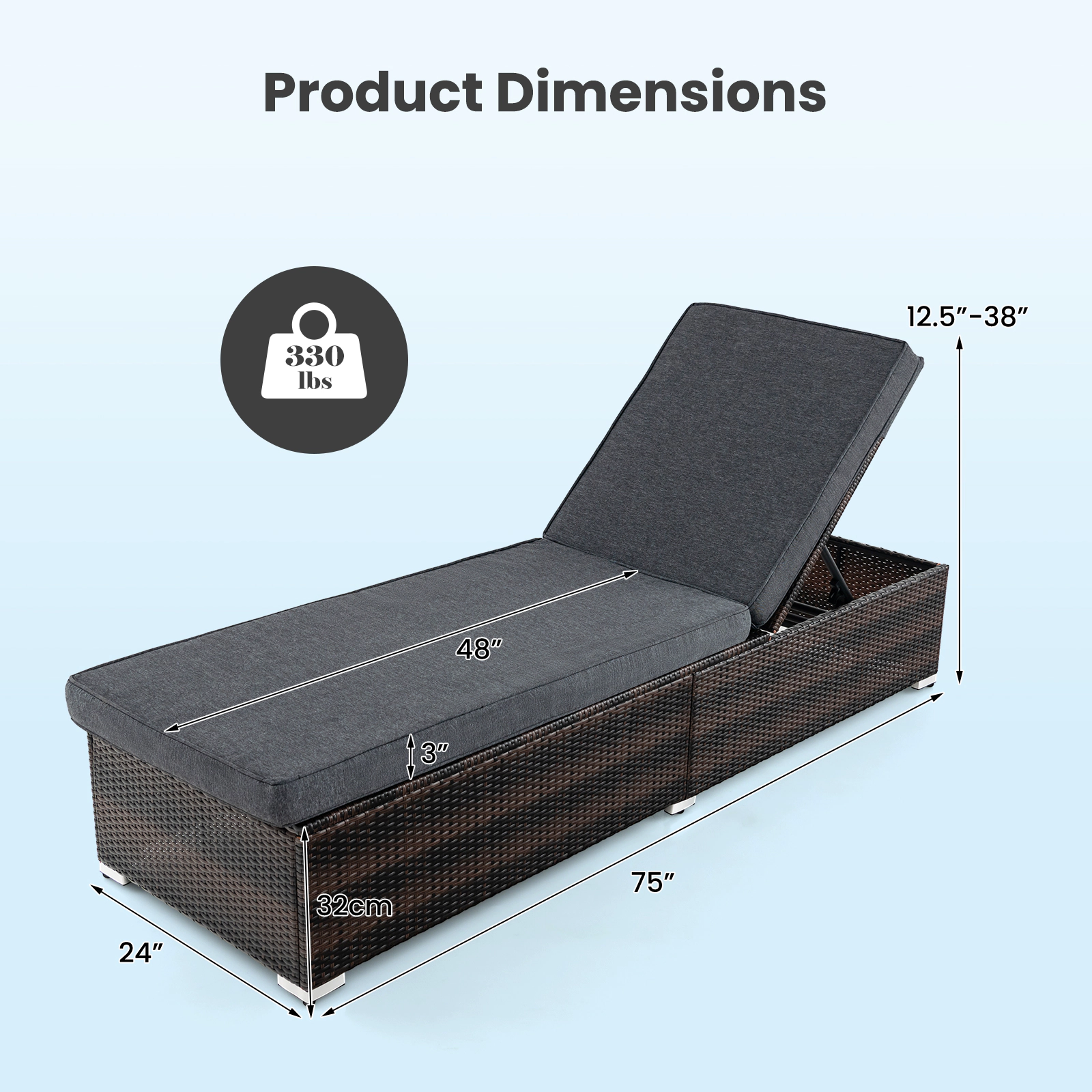 SUGIFT Brown Outdoor Wicker Lounge Chair with 4-Level Backrest and 76-Inch Cushion