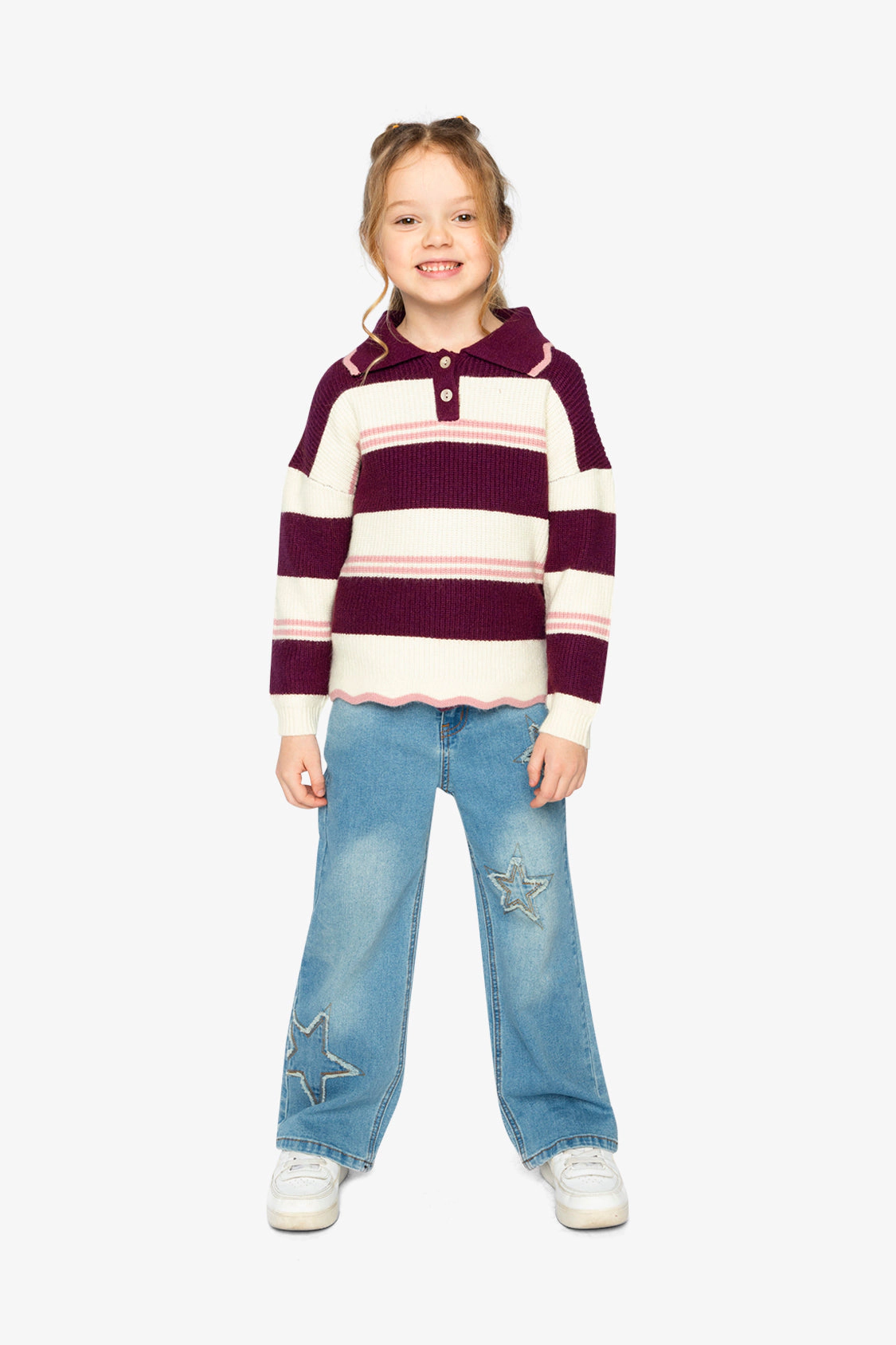 Deux par Girls Striped Scalloped Collar Sweater