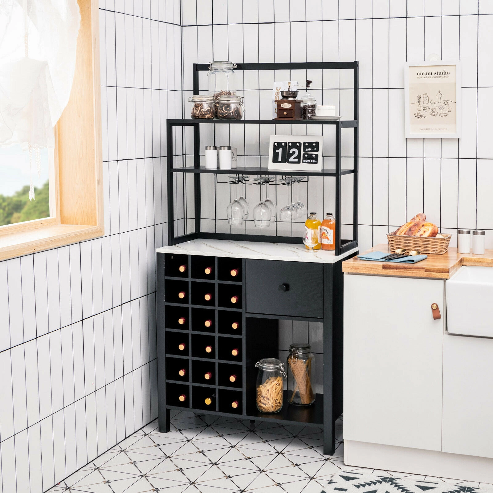 Glintex 64-Inch Bakers Rack with 18-Bottle Wine and 6 Glass Holders