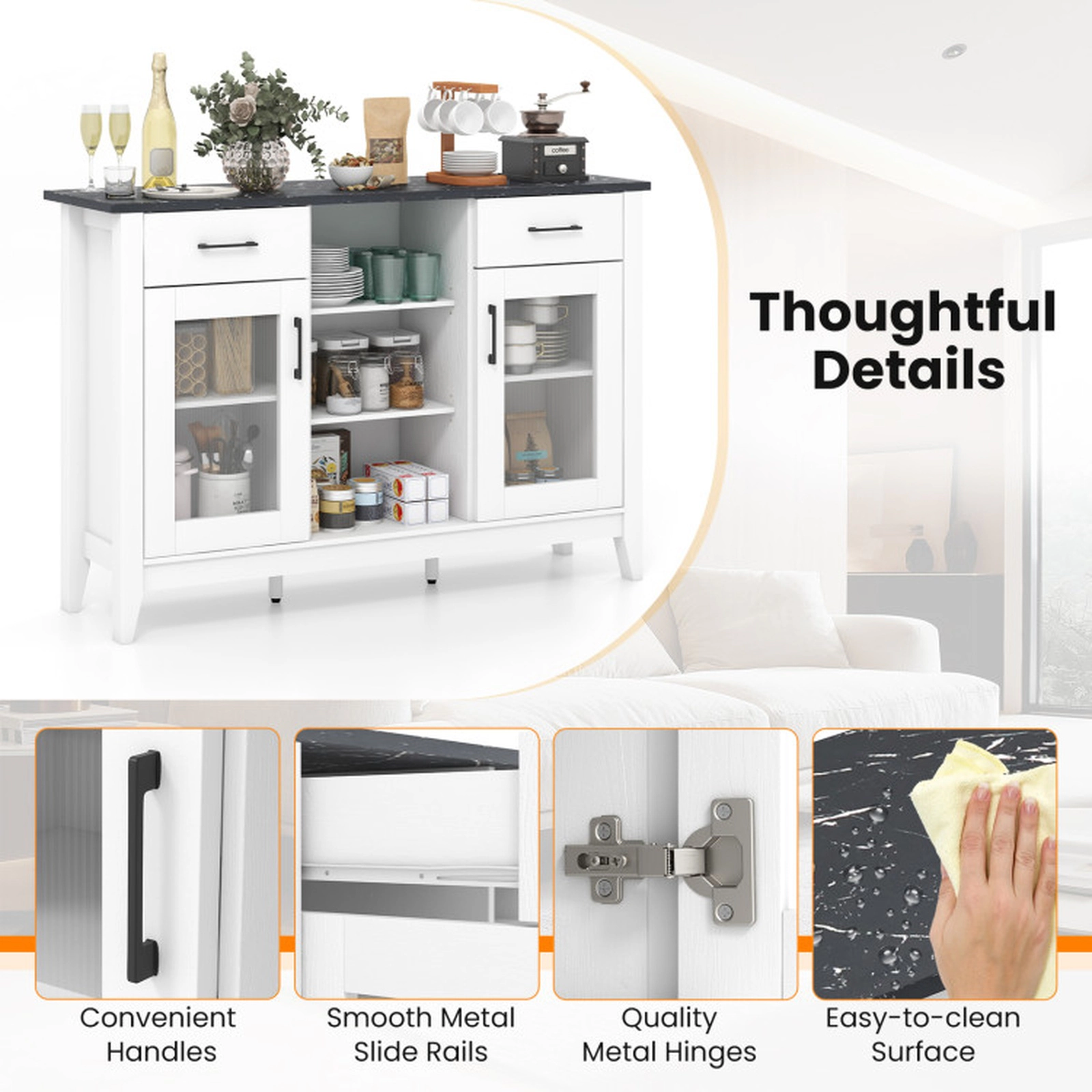 SUGIFT 2-Drawer Faux Marble Top 3 Open Cubes Glass Doors Sideboard Buffet Cabinet 52-in x 15.5-in x 35.5-in White