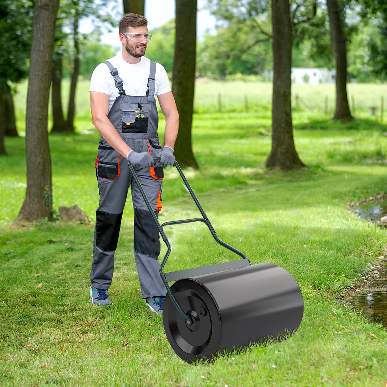 SUGIFT 16-gal Steel Lawn Roller with U-Shaped Handle and 155-lb Water Filled Weight for Garden Backyard