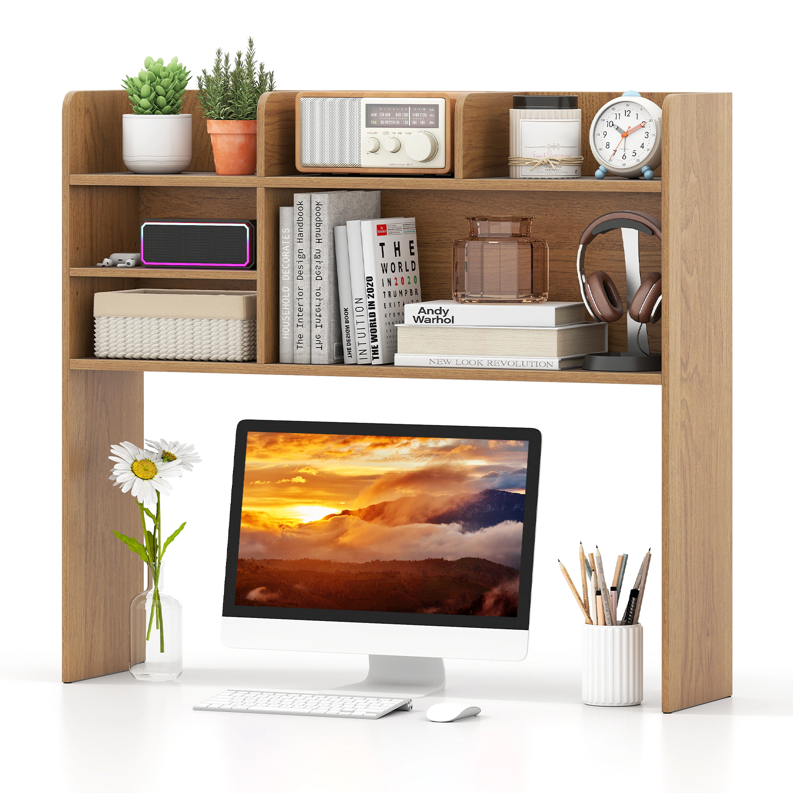 SUGIFT Desktop Bookshelf Countertop Storage Hutch with 6 Shelves and Adjustable Tier