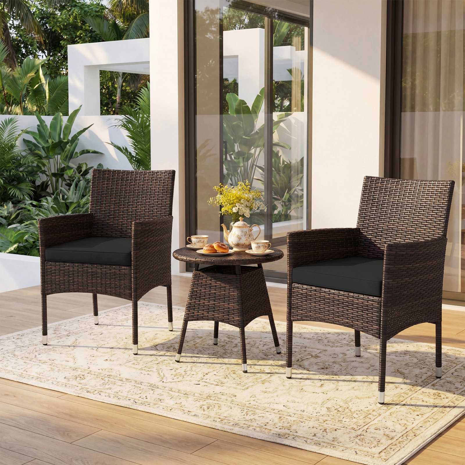 SUGIFT 3-Piece Mix Brown Rattan Outdoor Bistro Set with Reclined Lounge Chairs and Side Table