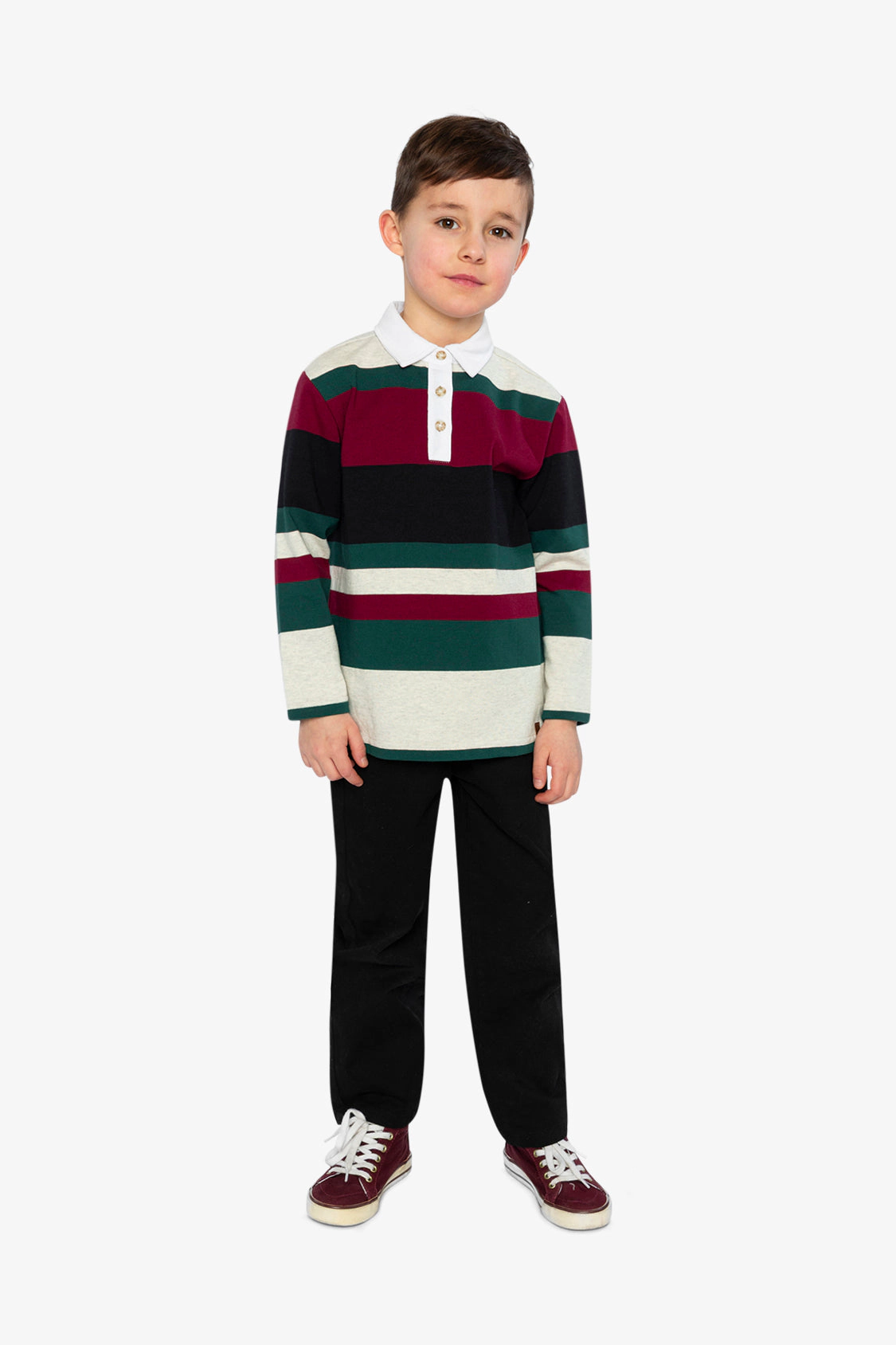Deux par Deux Boys Long Sleeve Striped Polo Top with Button Placket
