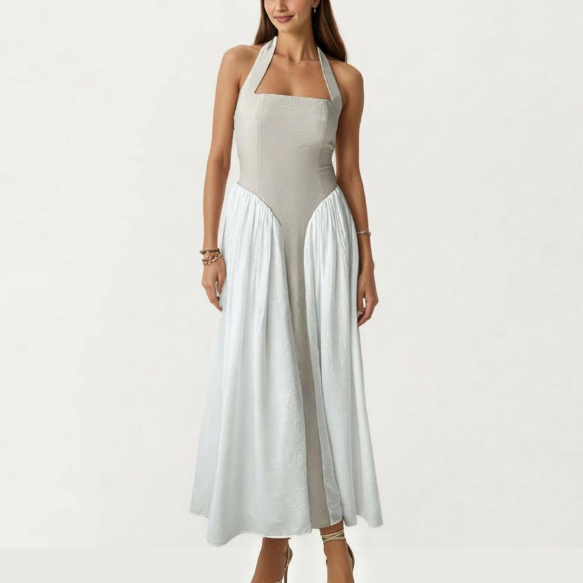 Anna-Kaci Women's Color Block Halter Neck Smocked Back Maxi Dress