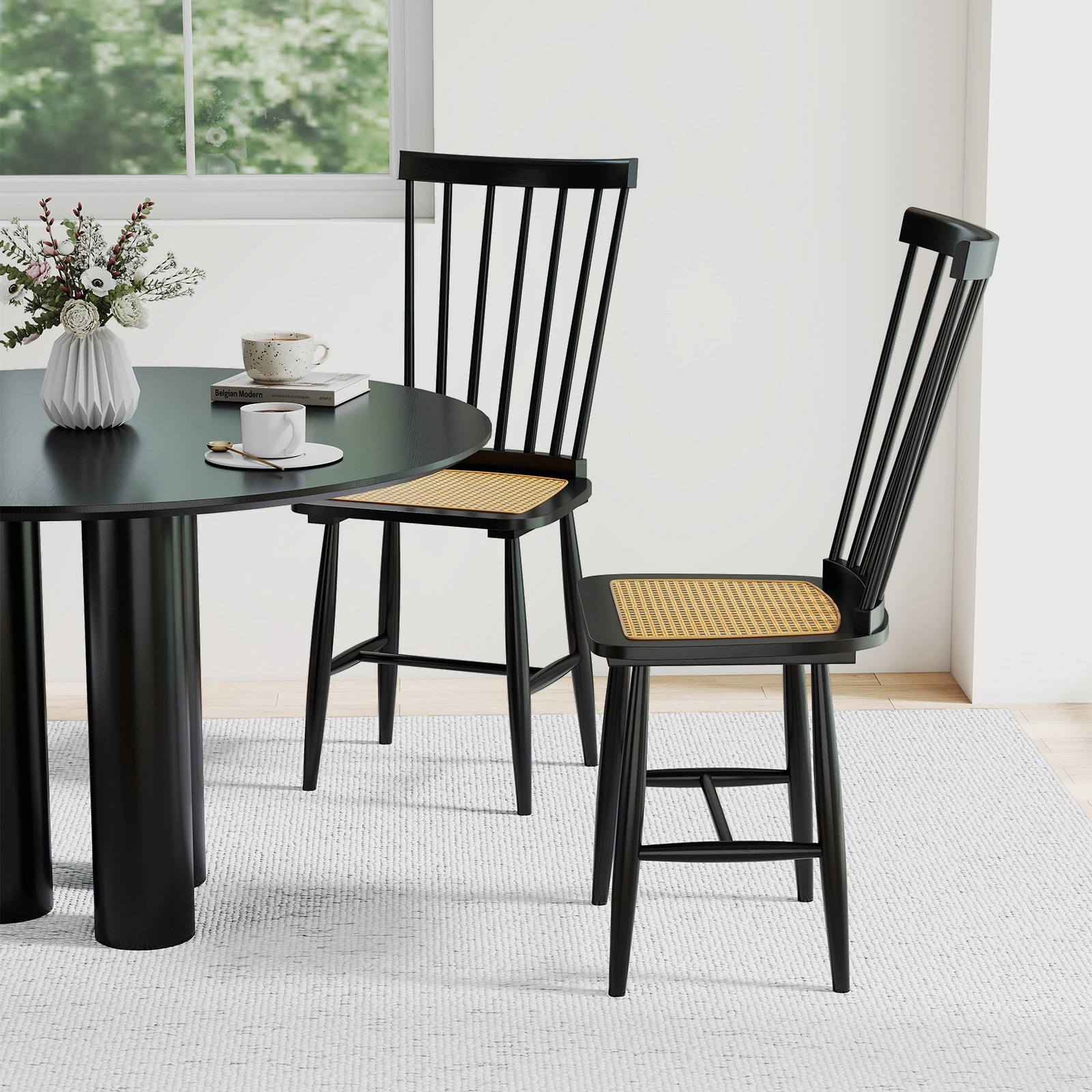 LJG Farmhouse Solid Rubber Wood Dining Chairs Set of 2 with PE Rattan Seats