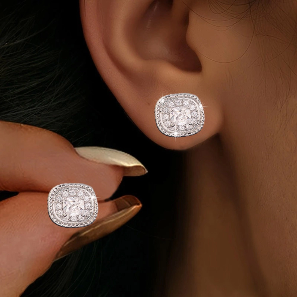 Double Halo Cushion Cut Cubic Zirconia Square Stud Earring