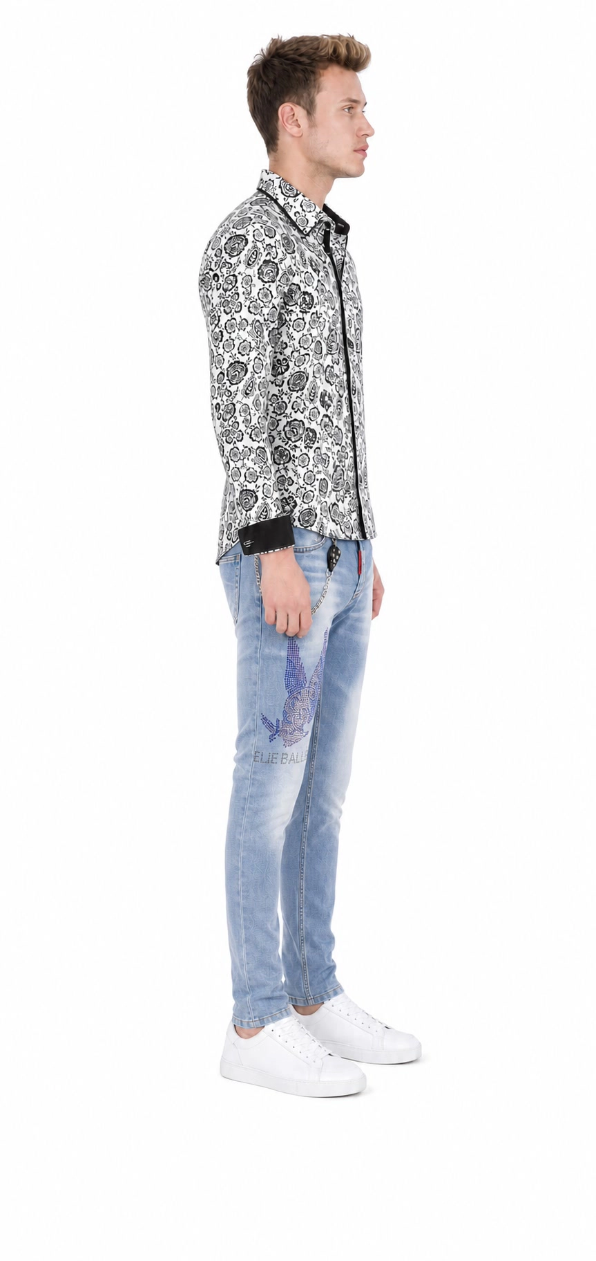 Elie Balleh Men's rhinestone skull slim fit jeans