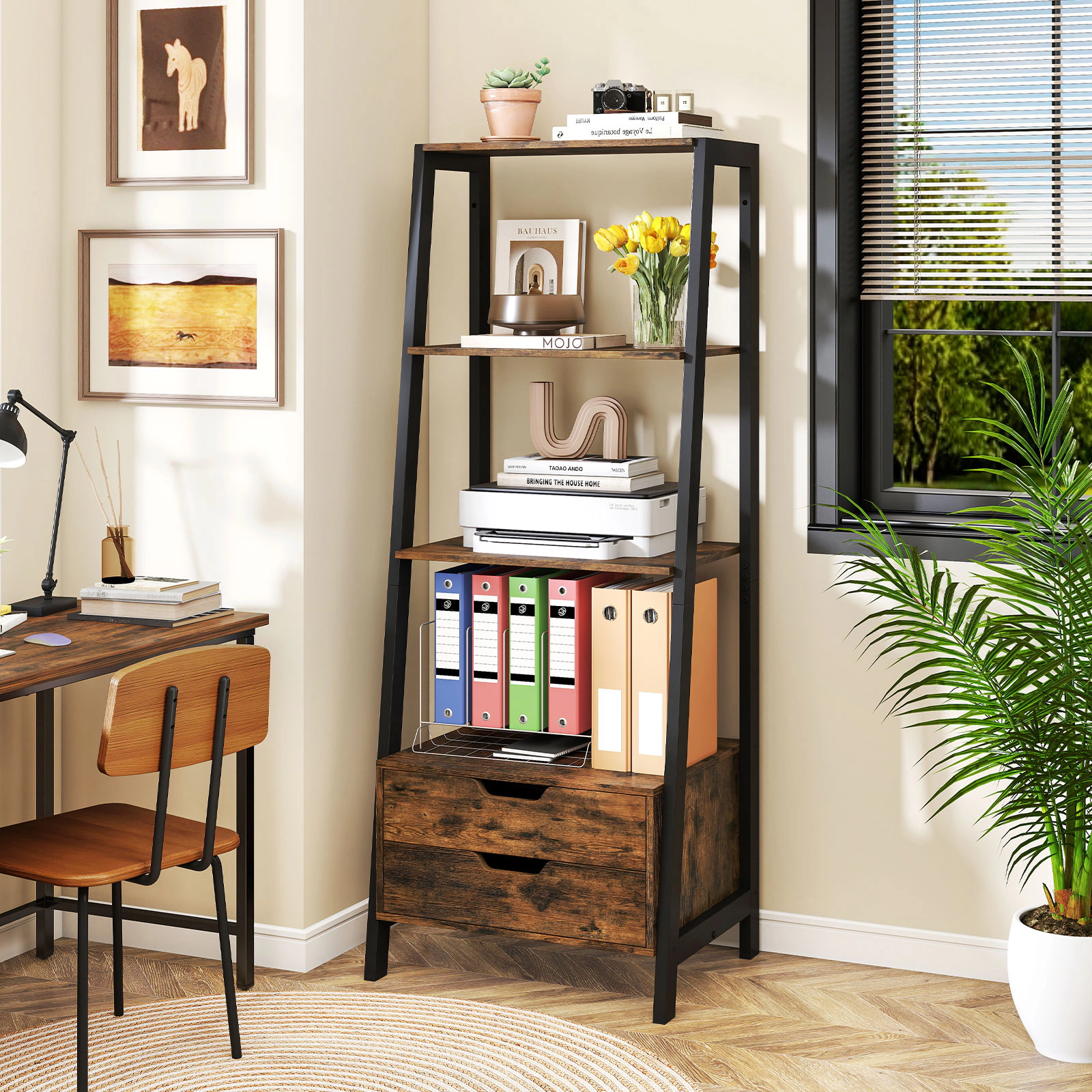 SUGIFT 4-Tier Ladder Shelf Freestanding Bookcase with 2 Drawers 52.5-in Tall 200-lb Capacity Rustic Brown & Black