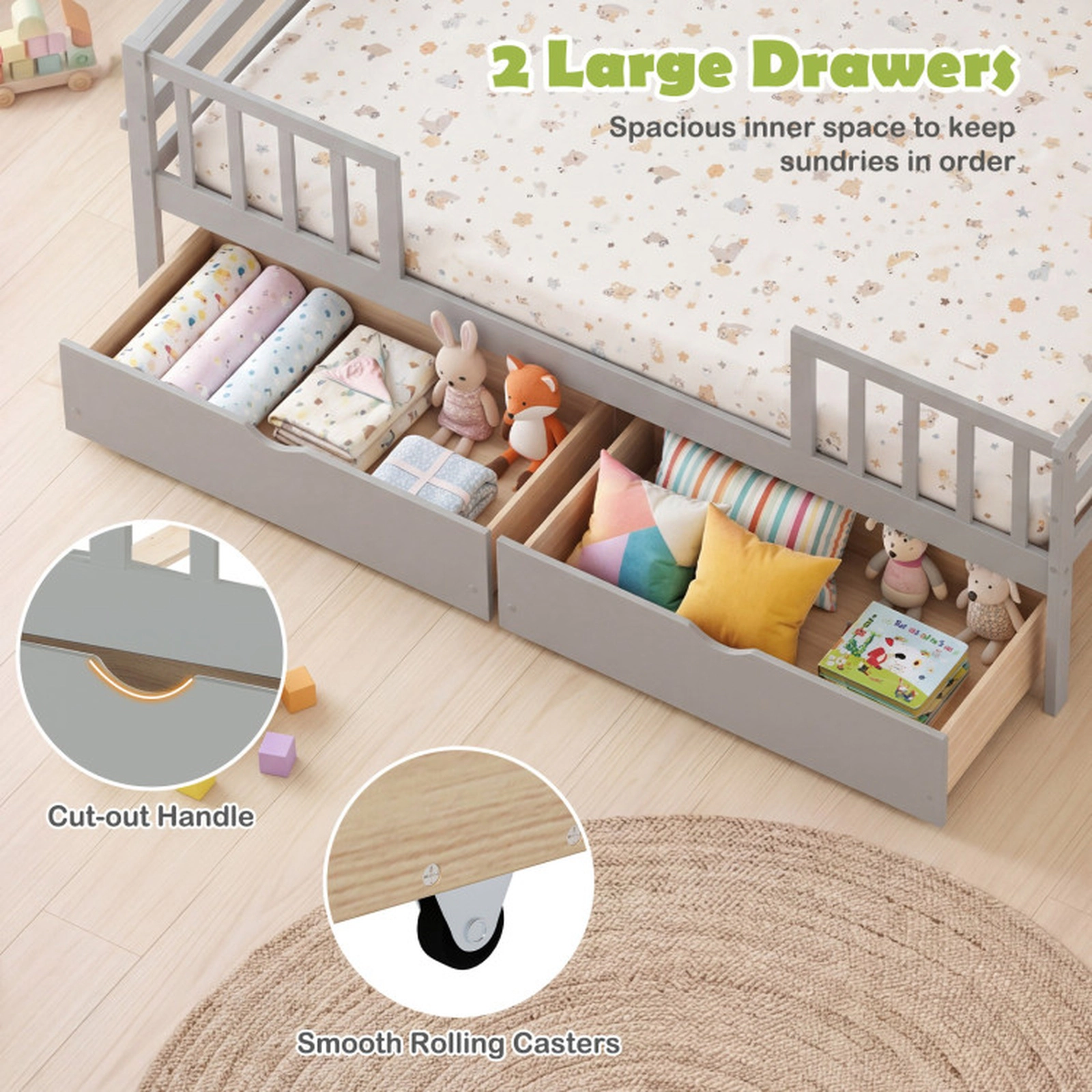 SUGIFT Gray Full-Length Fence and 2 Rolling Storage Drawers Full Size Kids Daybed