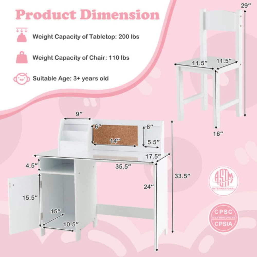 Hivvago Wooden Kids Study Desk And Chair Set With Storage Cabinet And Bulletin Board-White