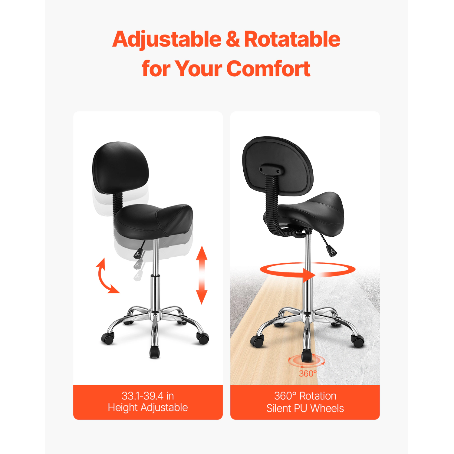 HONGGE Black Ergonomic Saddle Bar Stool with Backrest and Wheels, 450 lb Capacity, Height Adjustable 33.1-39.4 in