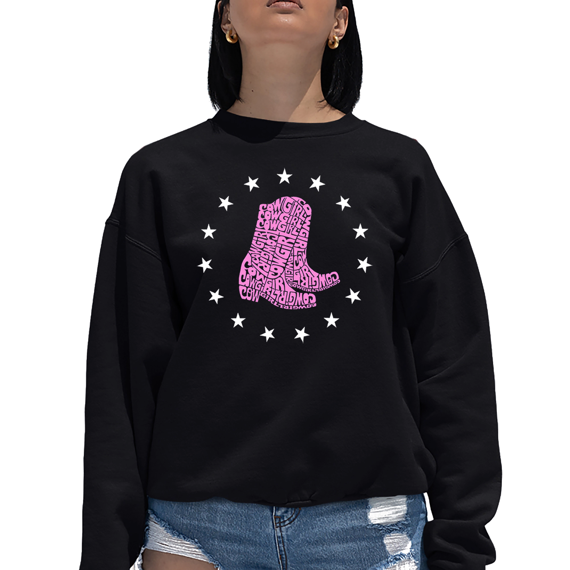 LA Pop Art Cowgirl Boots - Women's Word Crewneck Sweatshirt