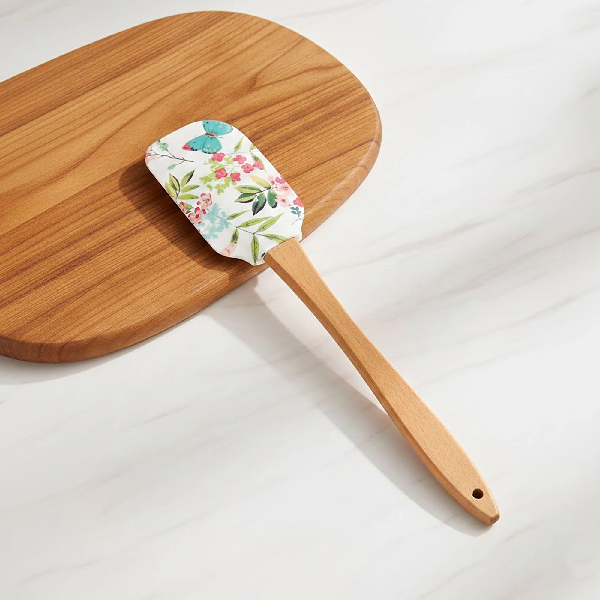 Alilang Unisex Silicone Spatula Set Butterfly Floral Print Wooden Handle Heat Resistant Baking Mixing Tools 2 Piece