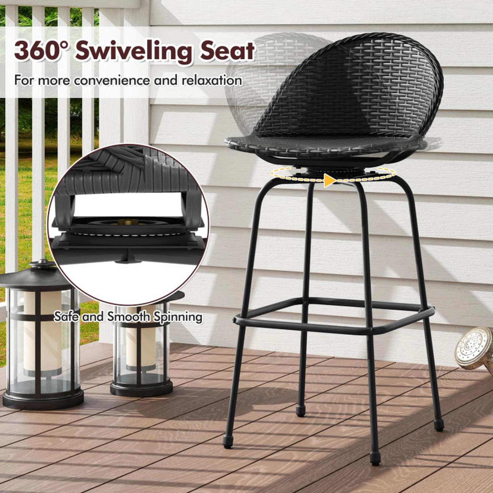 SUGIFT Set of 2 Brown PE Rattan Outdoor Swivel Bar Stools, 30-Inch Seat