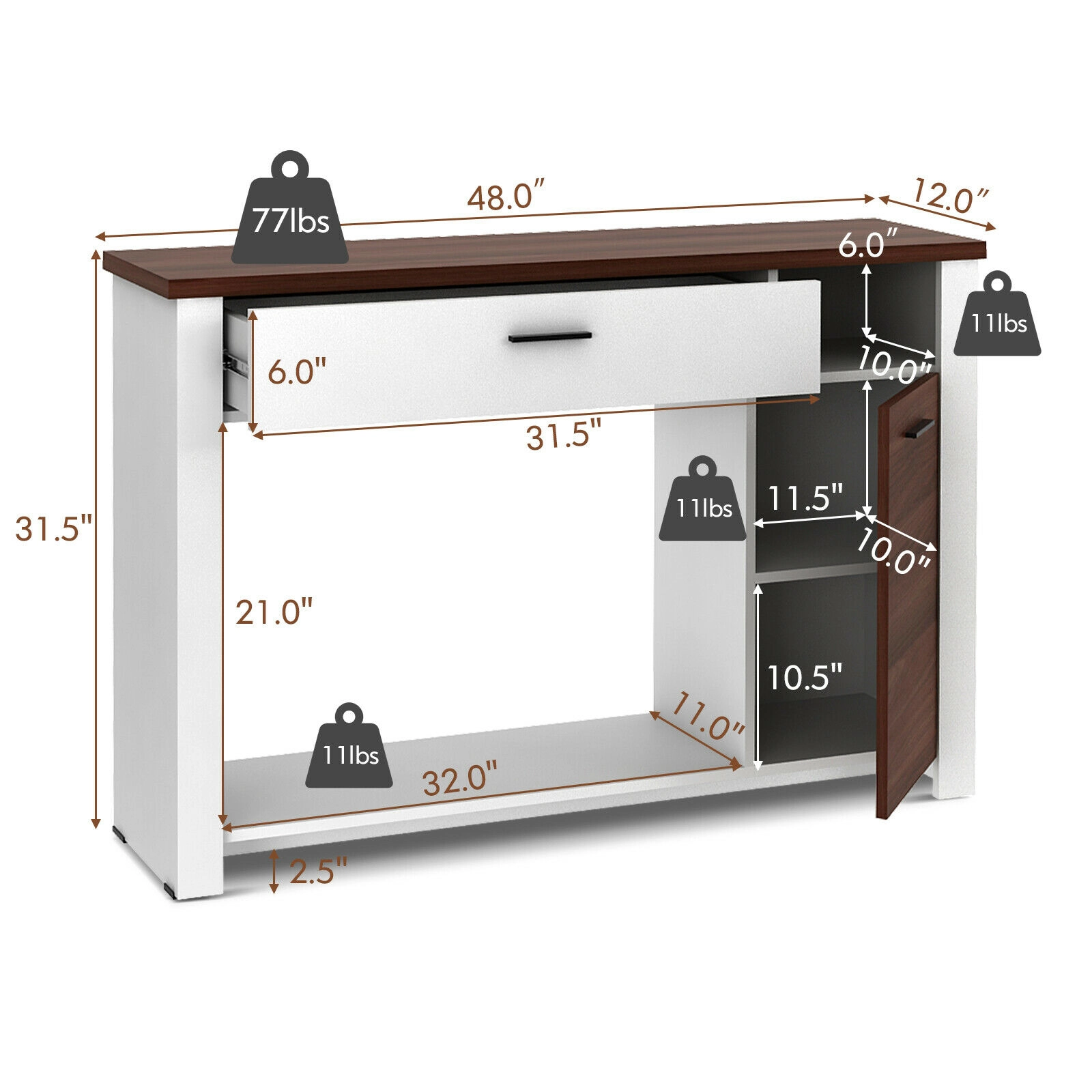 SUGIFT Drawer Cabinet 5-Position Shelf Walnut Top Entryway Console Table 48-in x 12-in x 31.5-in 77-lb Capacity White