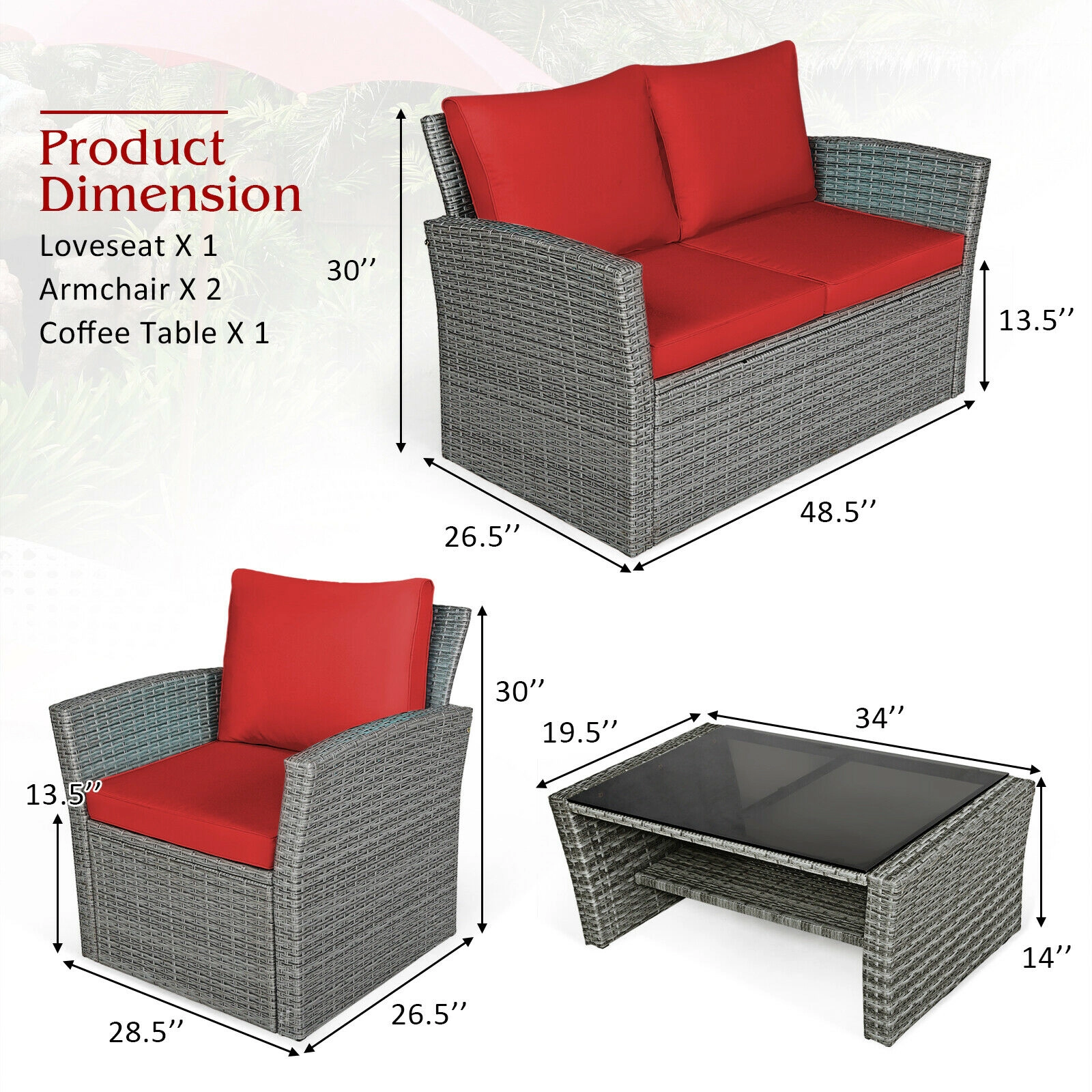 SUGIFT 4-Piece 800-lb Capacity Red Cushioned Rattan Outdoor Patio Sofa Set with Loveseat and Storage Table