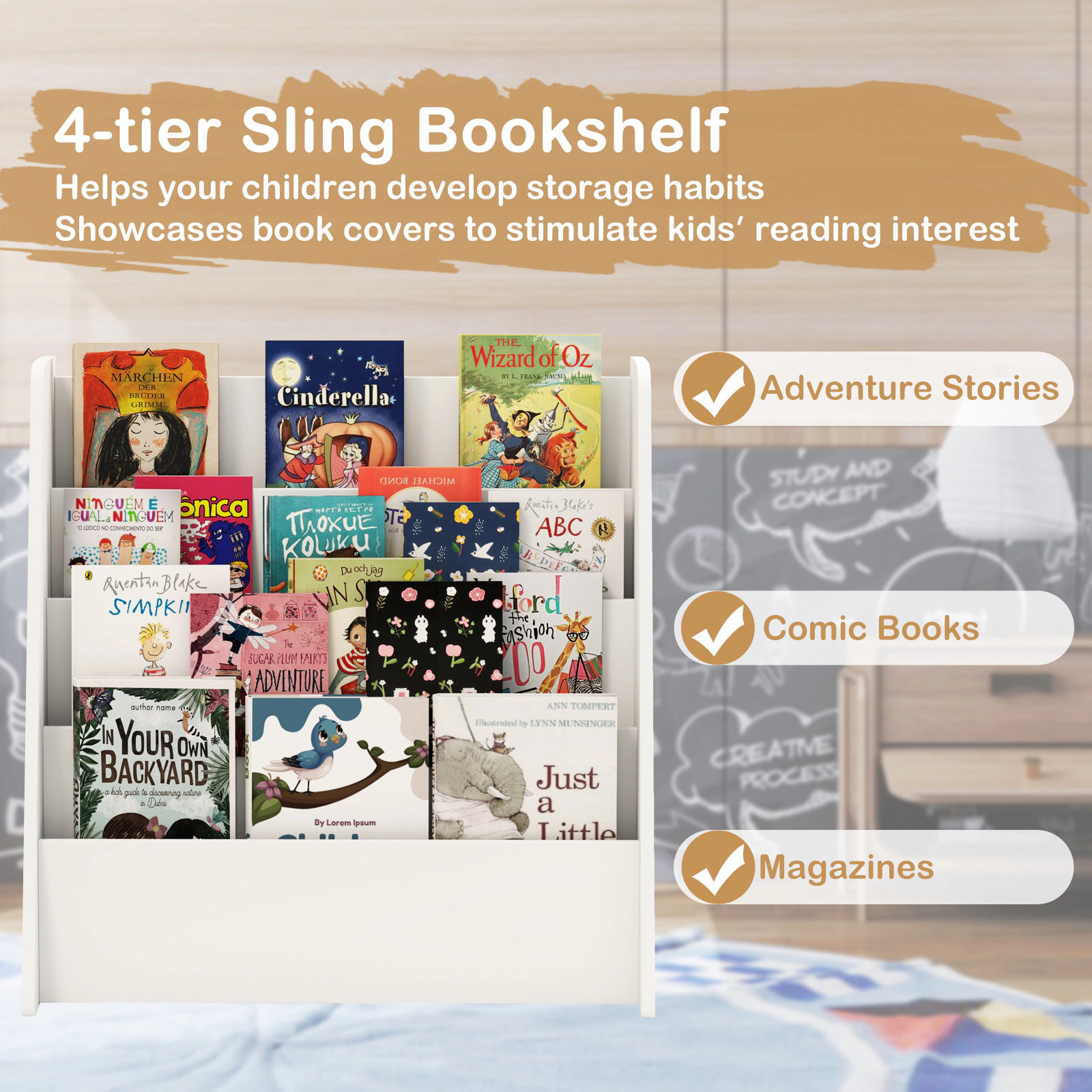 SUGIFT Kids 4-Tier Front Facing Deep Compartments Engineered Wood Bedroom Bookshelf 22.5-in x 10.5-in x 23-in White