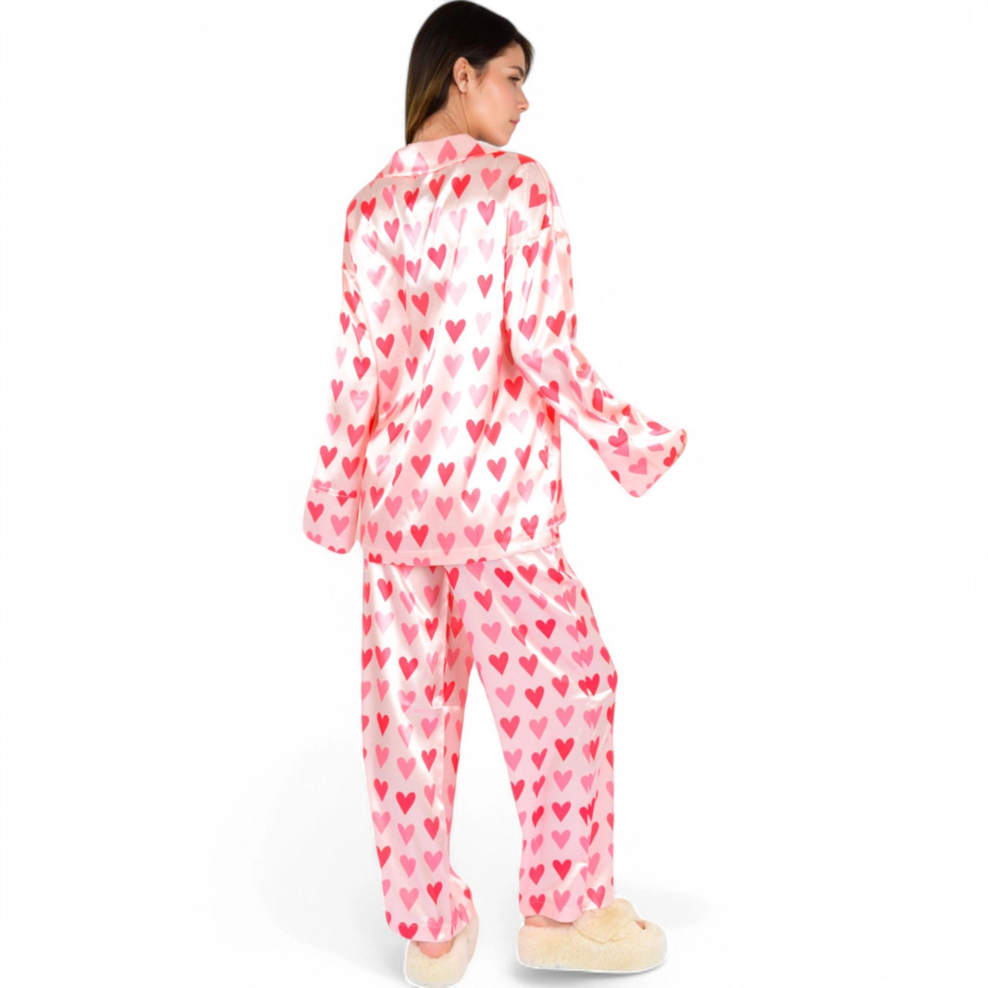 Anna-Kaci Women's Heart Print Valentine Pajama Set with Button Up Long Sleeve Top and Relaxed Fit Pants