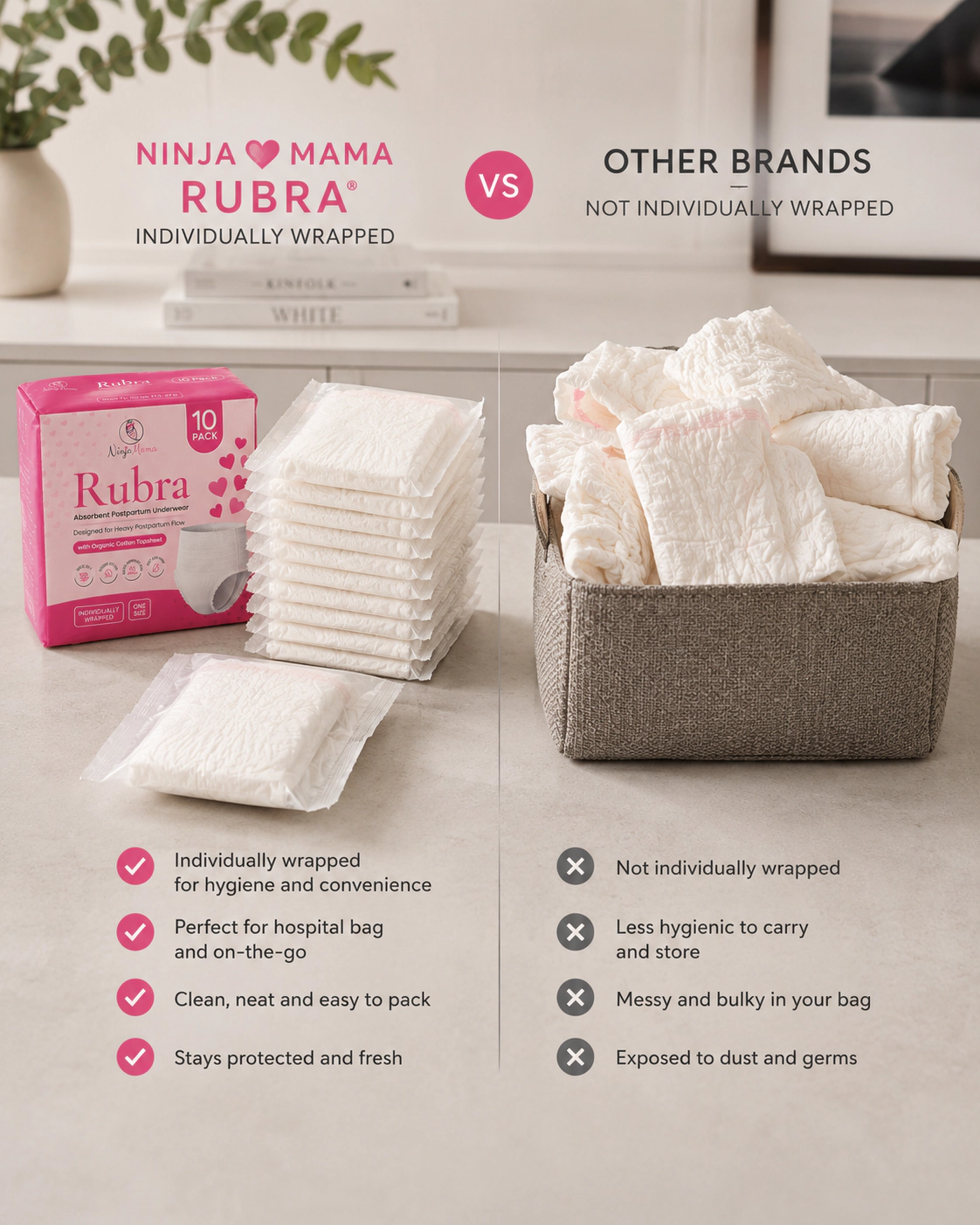 Ninja Mama Women's Rubra Disposable Absorbent Postpartum Underwear With Organic Cotton - Pack of 10