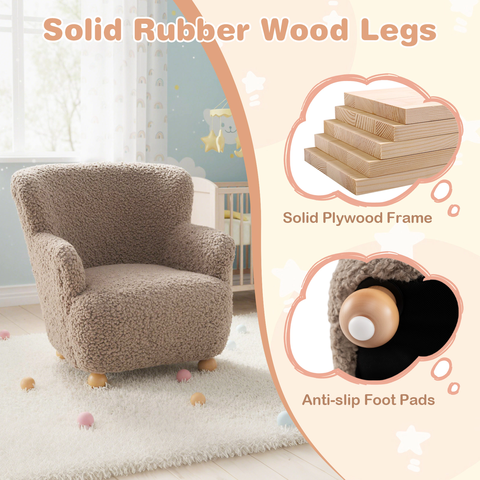SUGIFT Rustic Brown Solid Rubber Wood Legs Sherpa Kids Sofa Toddler Armchair