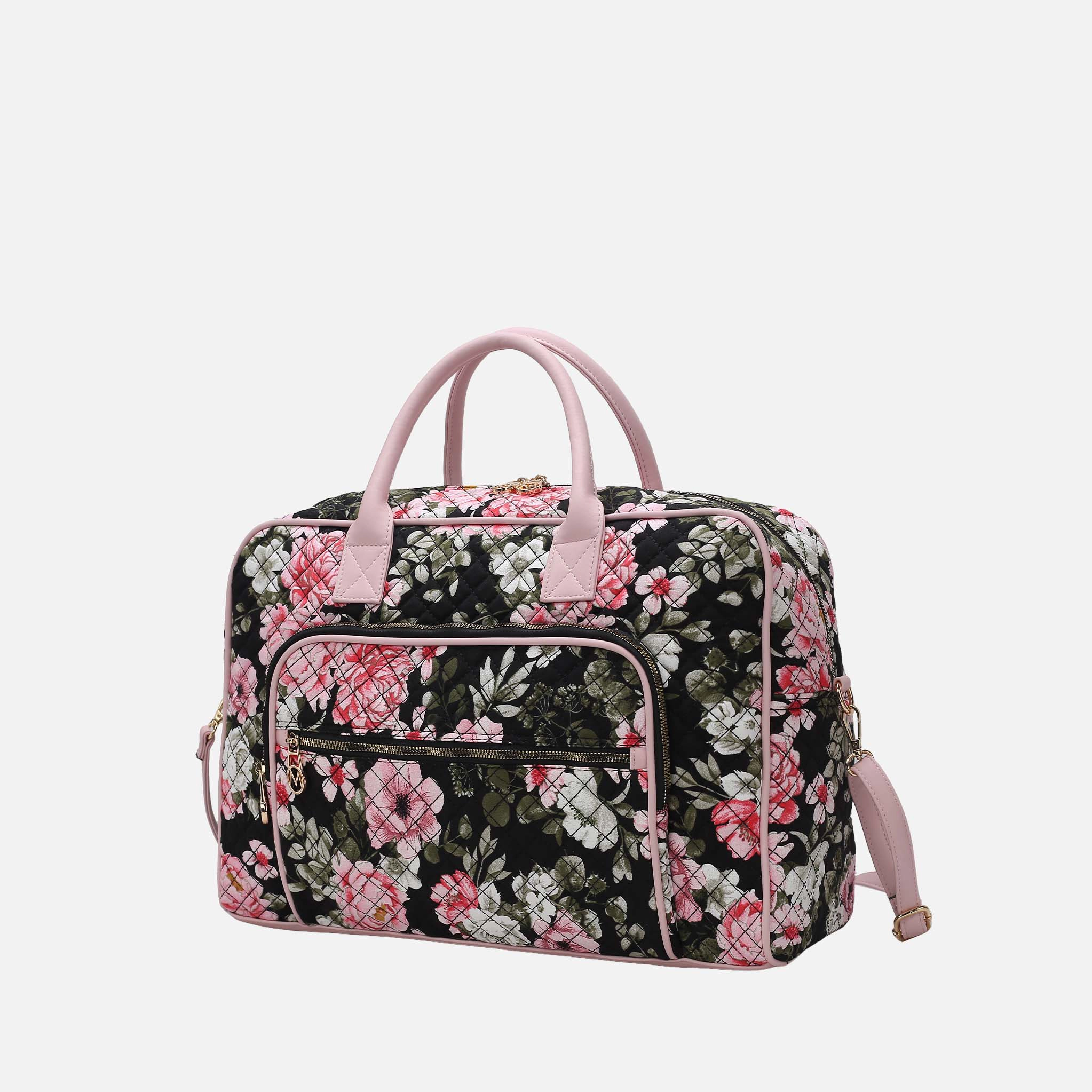 Mia K Collection Jayla Quilted Duffle Bag - Botanical Pattern, Vegan Leather Handles, Trolley Sleeve