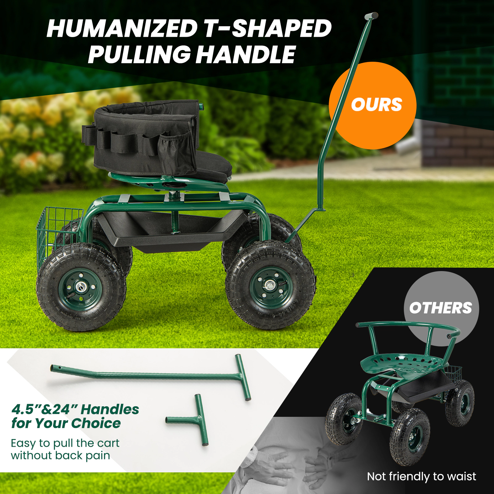 SUGIFT Green 330-lb Capacity Rolling Garden Cart with 360-Degree Swivel Seat Tool Tray and Basket