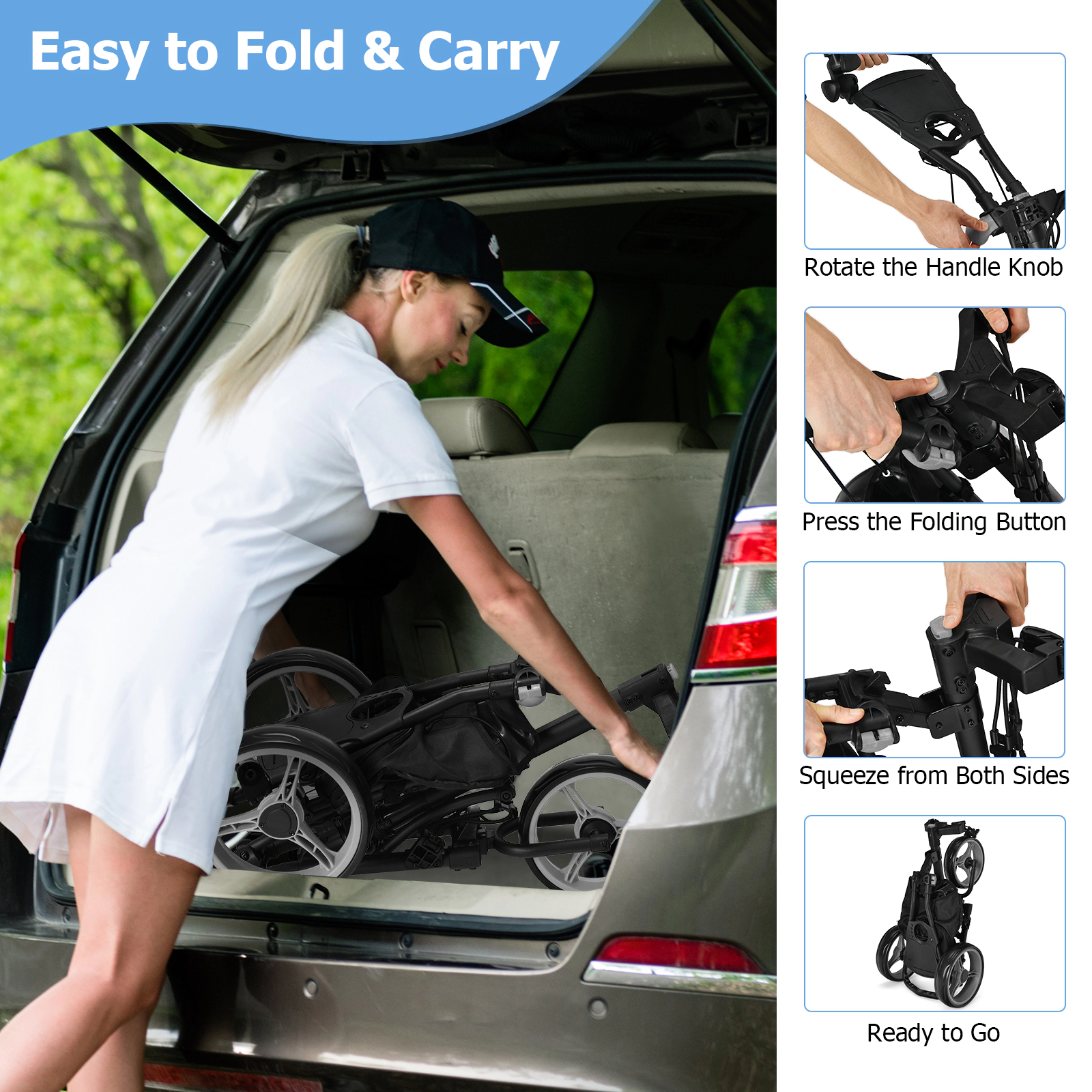 SUGIFT Folding 3-Wheel Golf Push Cart for Golf Bags Scoreboard & Adjustable Handle 30-lb Capacity 47.5-in Frame Gray