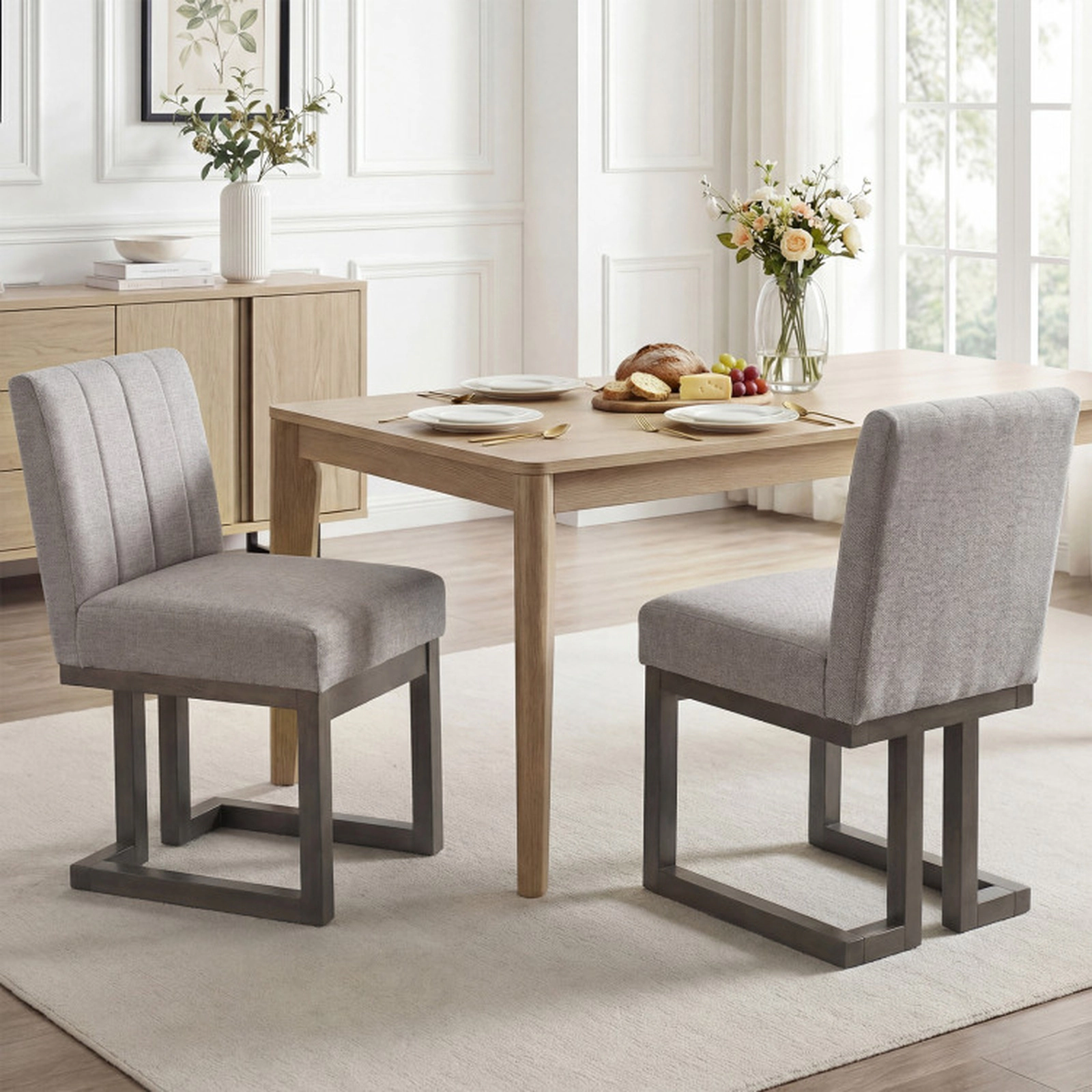 SUGIFT Set of 2 Gray Farmhouse Fabric Dining Chairs, 5.5-in Padded Seat