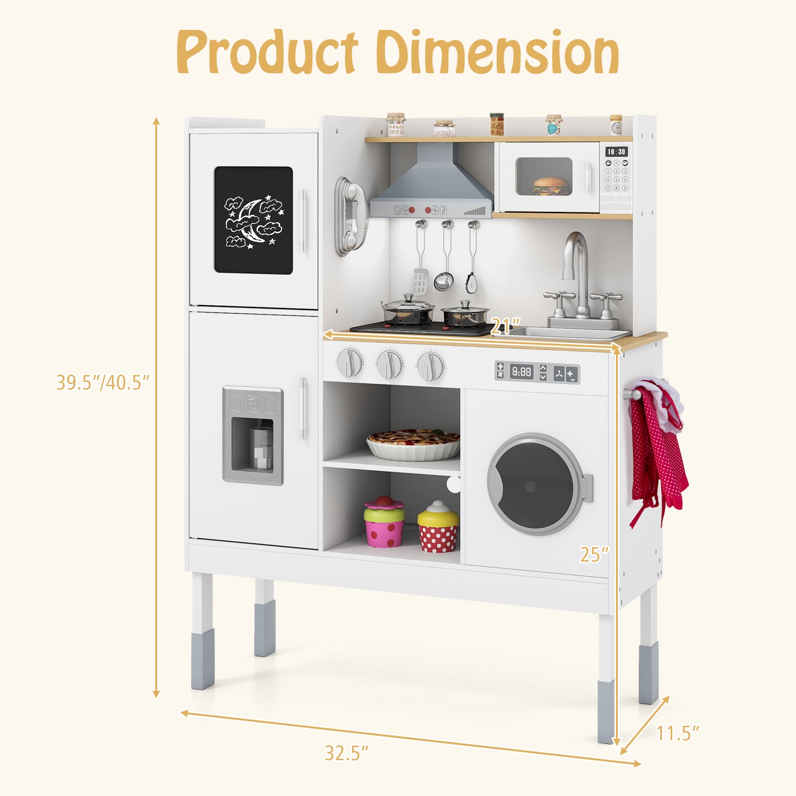 SUGIFT Adjustable Pretend Play Kitchen Playset Range Hood Ice Maker Telephone & Storage Ages 3+ Pink/White/Light Pink