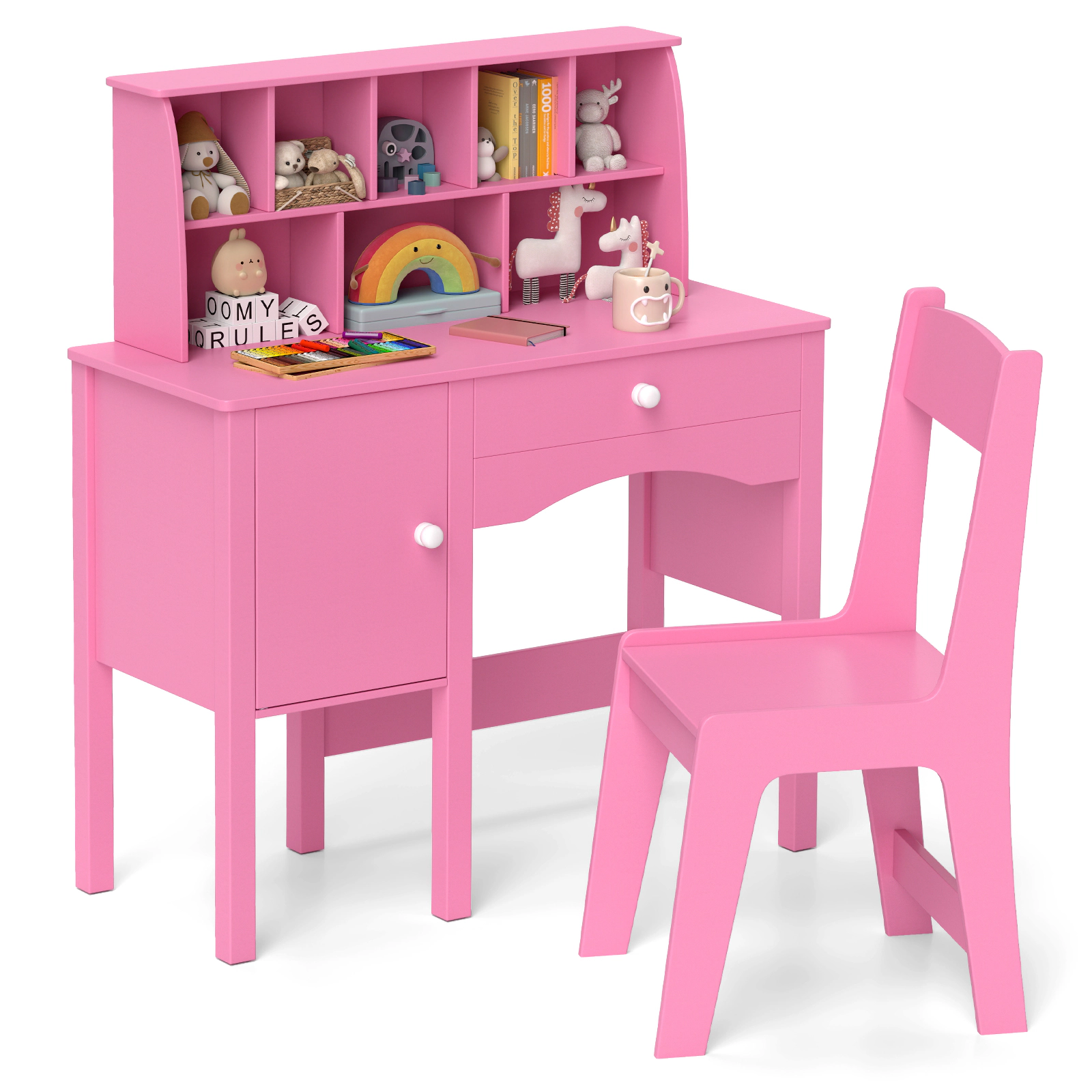 SUGIFT Pink Hutch Side Cabinet and Anti-Toppling Device Kids Study Desk and Chair Set