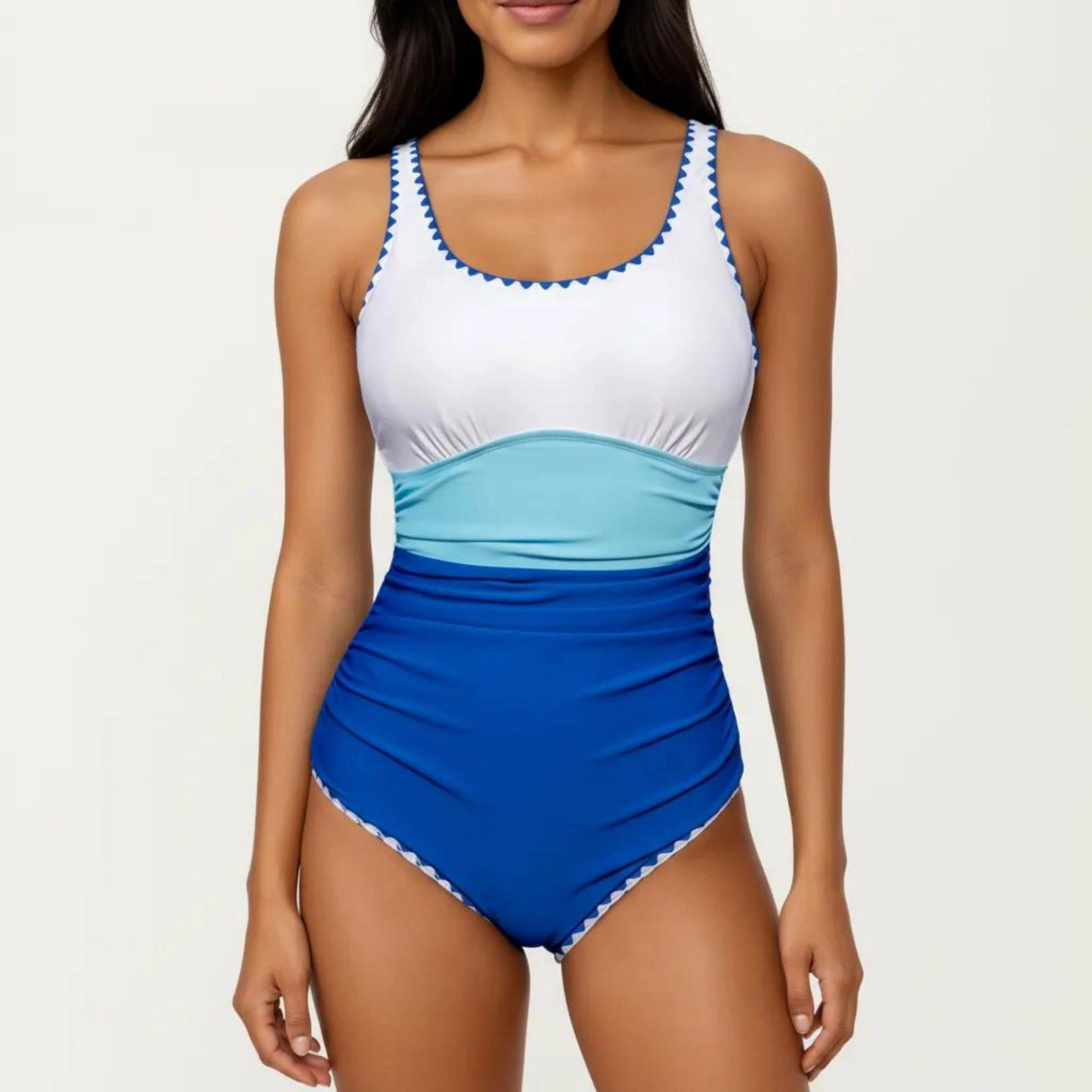 Anna-Kaci Women One Piece Swimsuit - Contrast Trim Scoop Neck, Ruched Waist