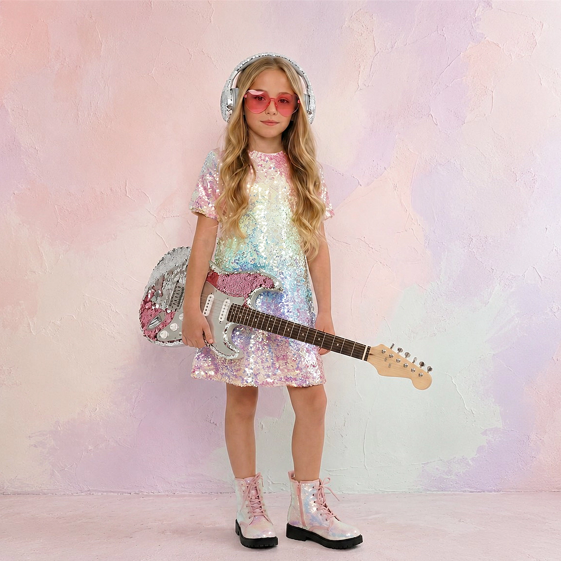 2Bunnies Girls Ombre Sequin Short Sleeve Shift Dress