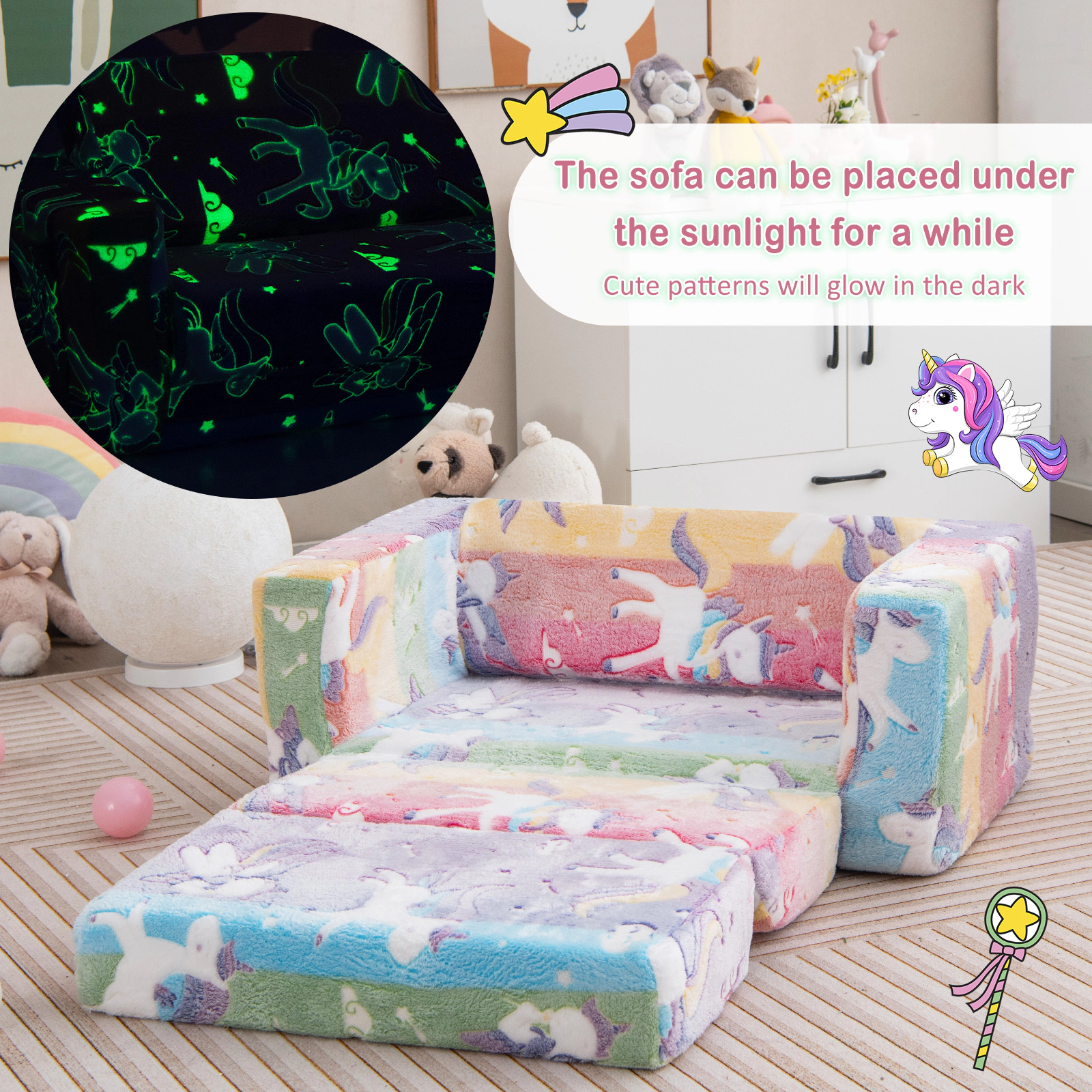 SUGIFT Detachable Flannel Cover and Glowing Pattern 2-in-1 Flip Out Kids Sofa Chair