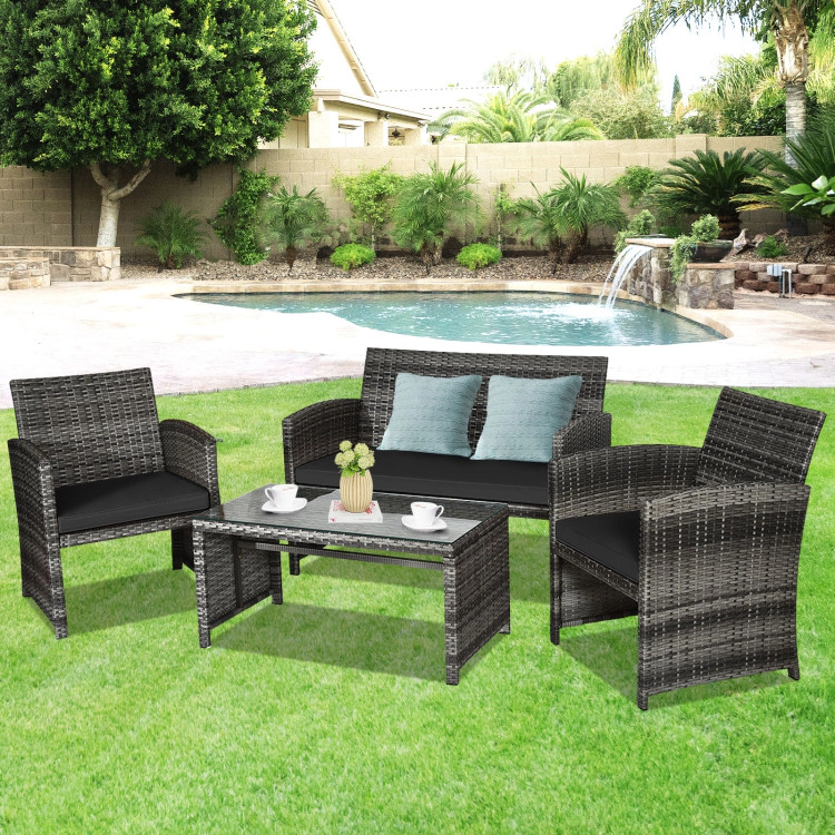 Hivvago 4 Pieces Patio Rattan Furniture Set With Glass Table And Loveseat